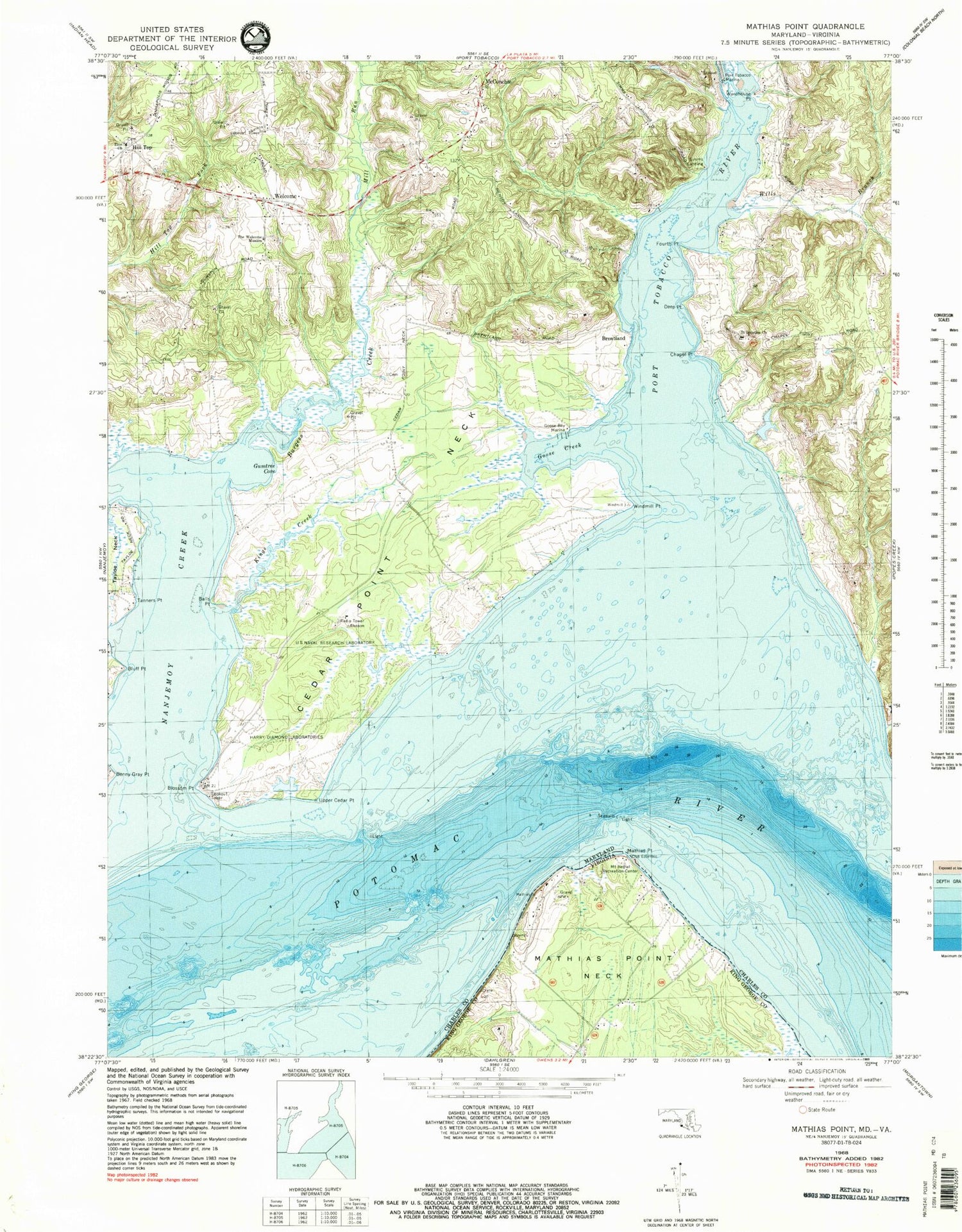 Classic USGS Mathias Point Virginia 7.5'x7.5' Topo Map Image