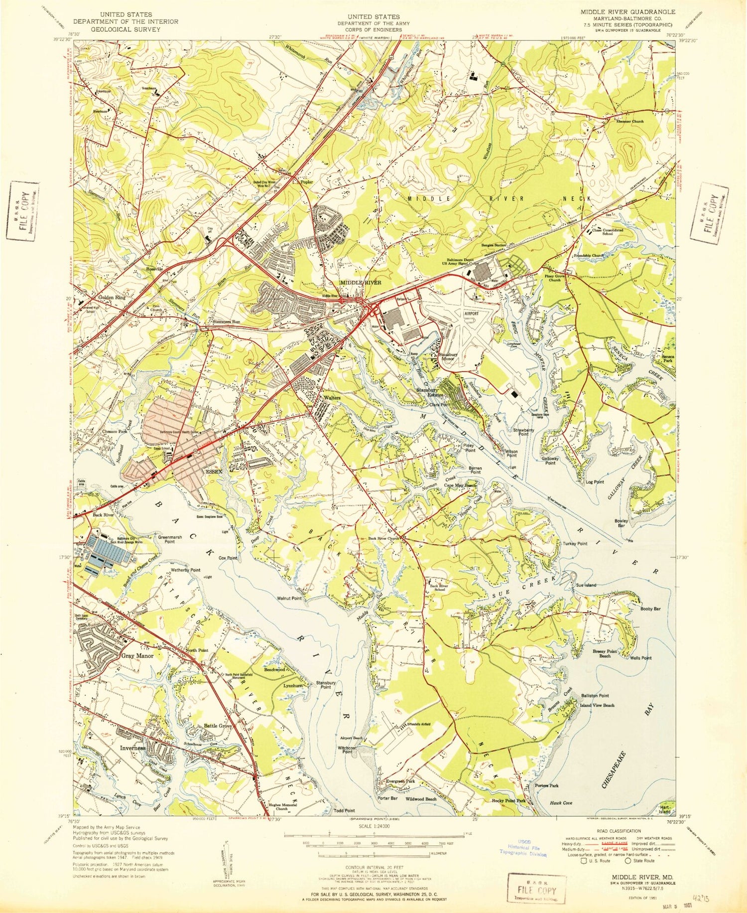 Classic USGS Middle River Maryland 7.5'x7.5' Topo Map Image