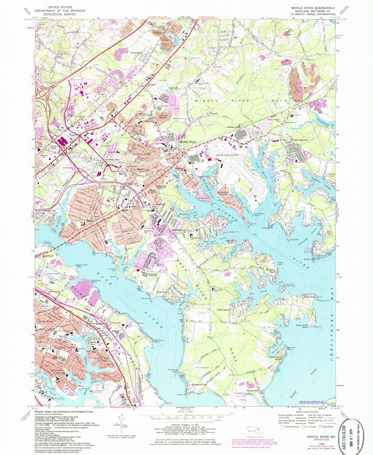 Classic USGS Middle River Maryland 7.5'x7.5' Topo Map Image