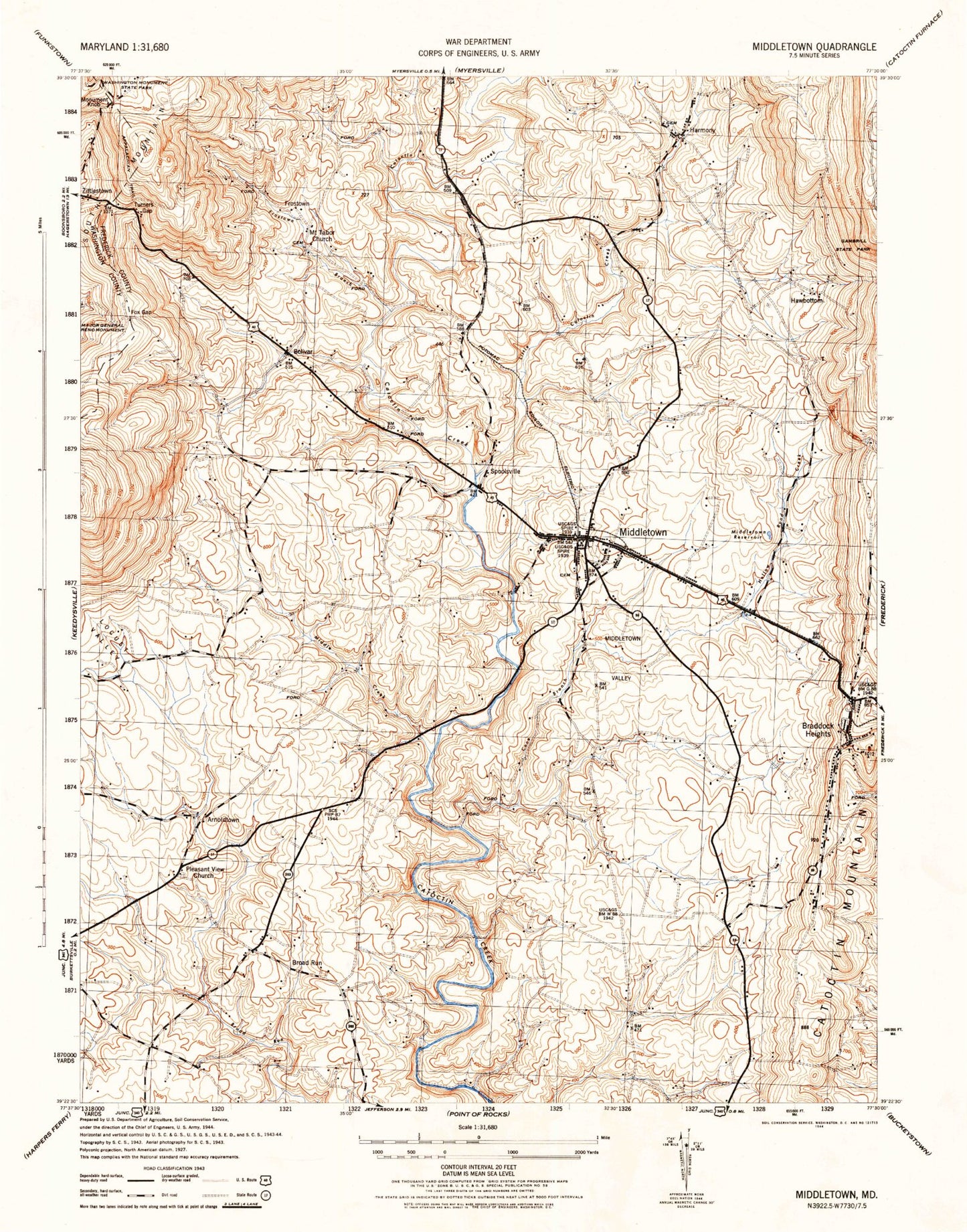 Classic USGS Middletown Maryland 7.5'x7.5' Topo Map Image