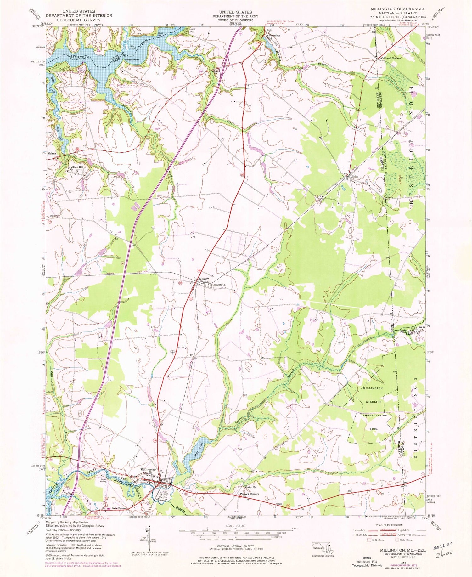Classic USGS Millington Maryland 7.5'x7.5' Topo Map Image