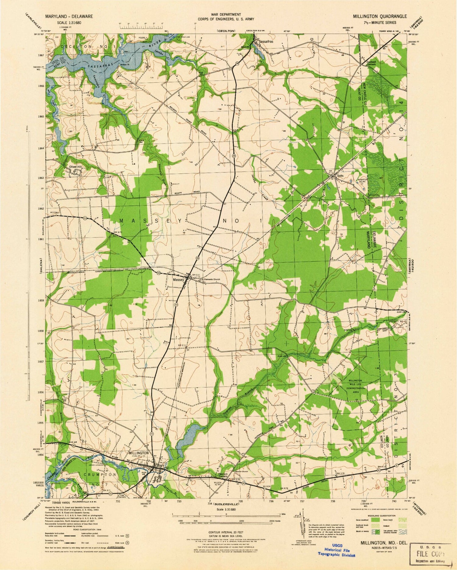 Classic USGS Millington Maryland 7.5'x7.5' Topo Map Image