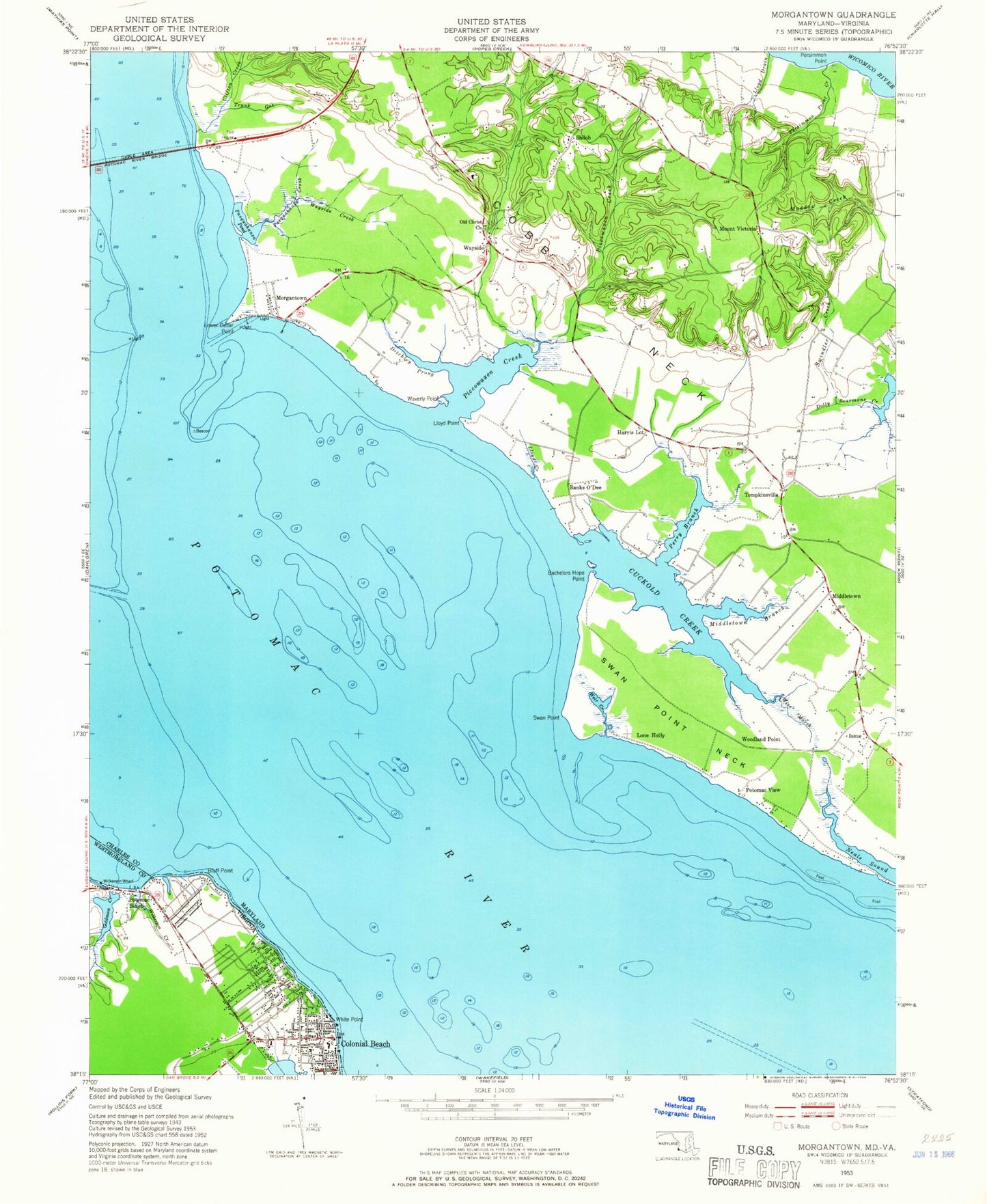 Classic USGS Colonial Beach North Virginia 7.5'x7.5' Topo Map Image