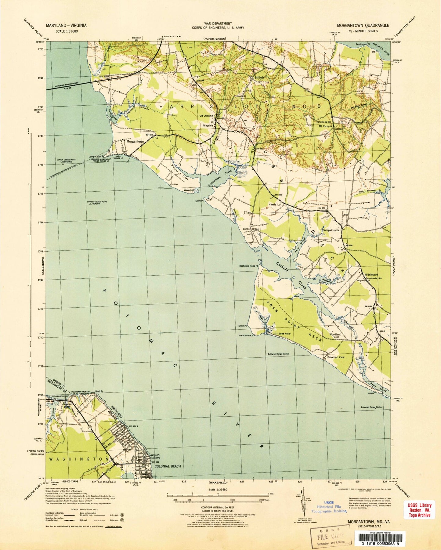 Classic USGS Colonial Beach North Virginia 7.5'x7.5' Topo Map Image