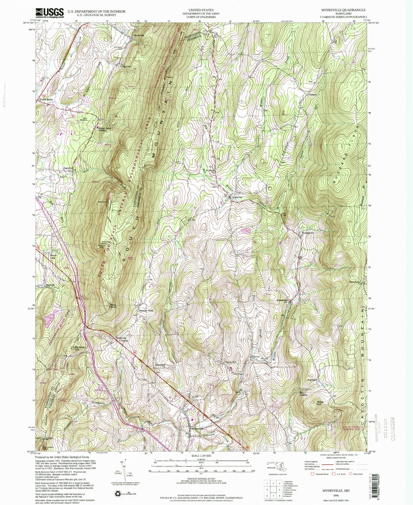 Classic USGS Myersville Maryland 7.5'x7.5' Topo Map Image