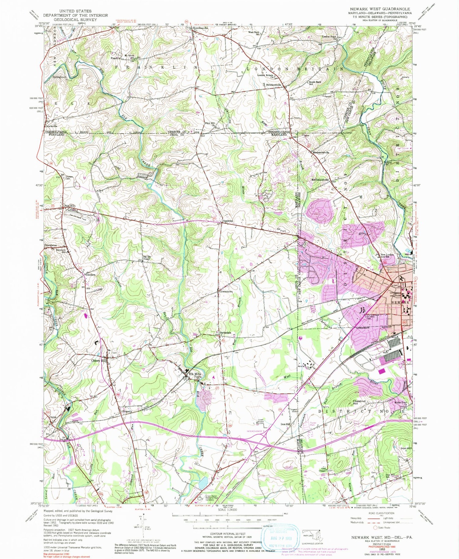 Classic USGS Newark West Delaware 7.5'x7.5' Topo Map Image