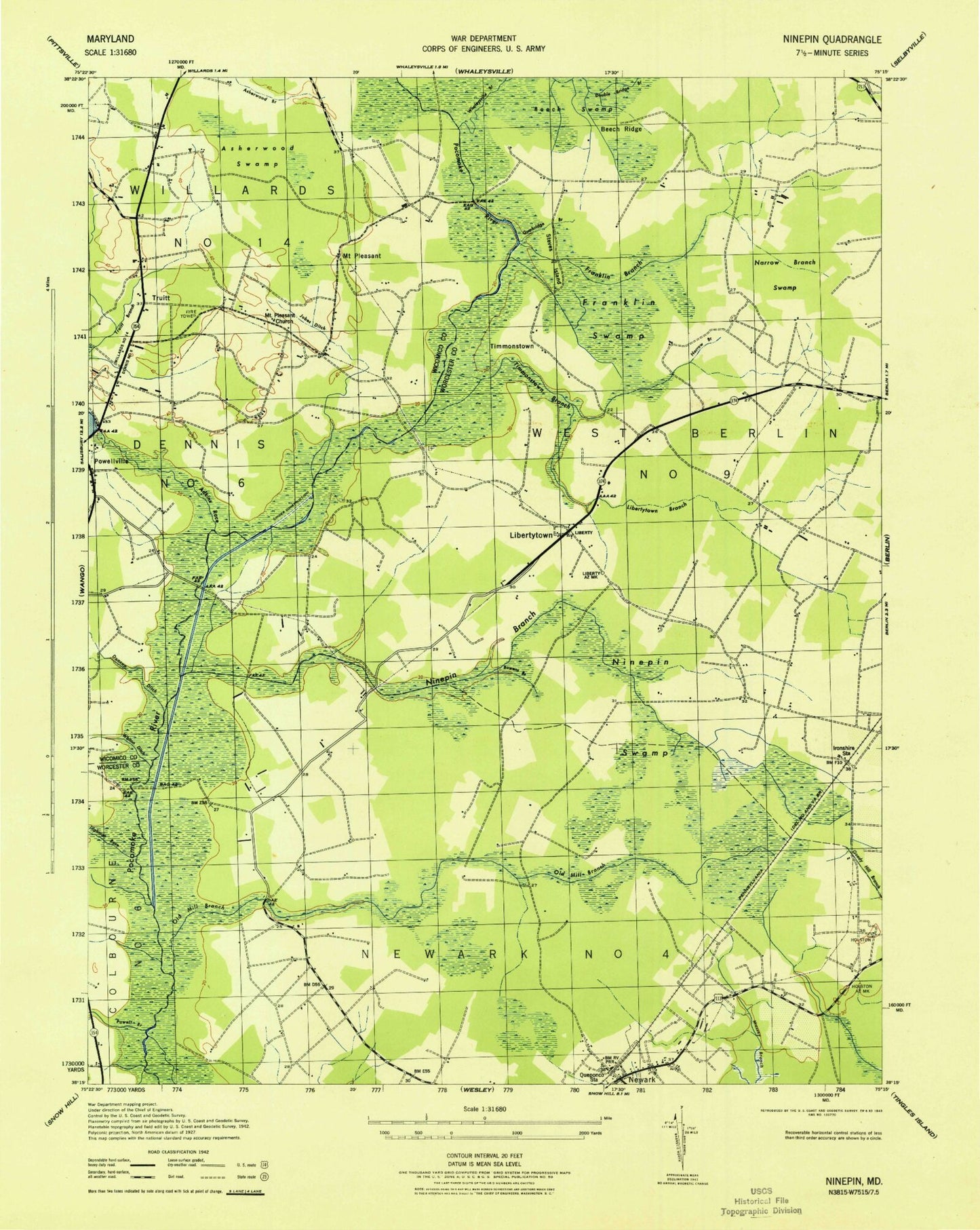 Classic USGS Ninepin Branch Maryland 7.5'x7.5' Topo Map Image