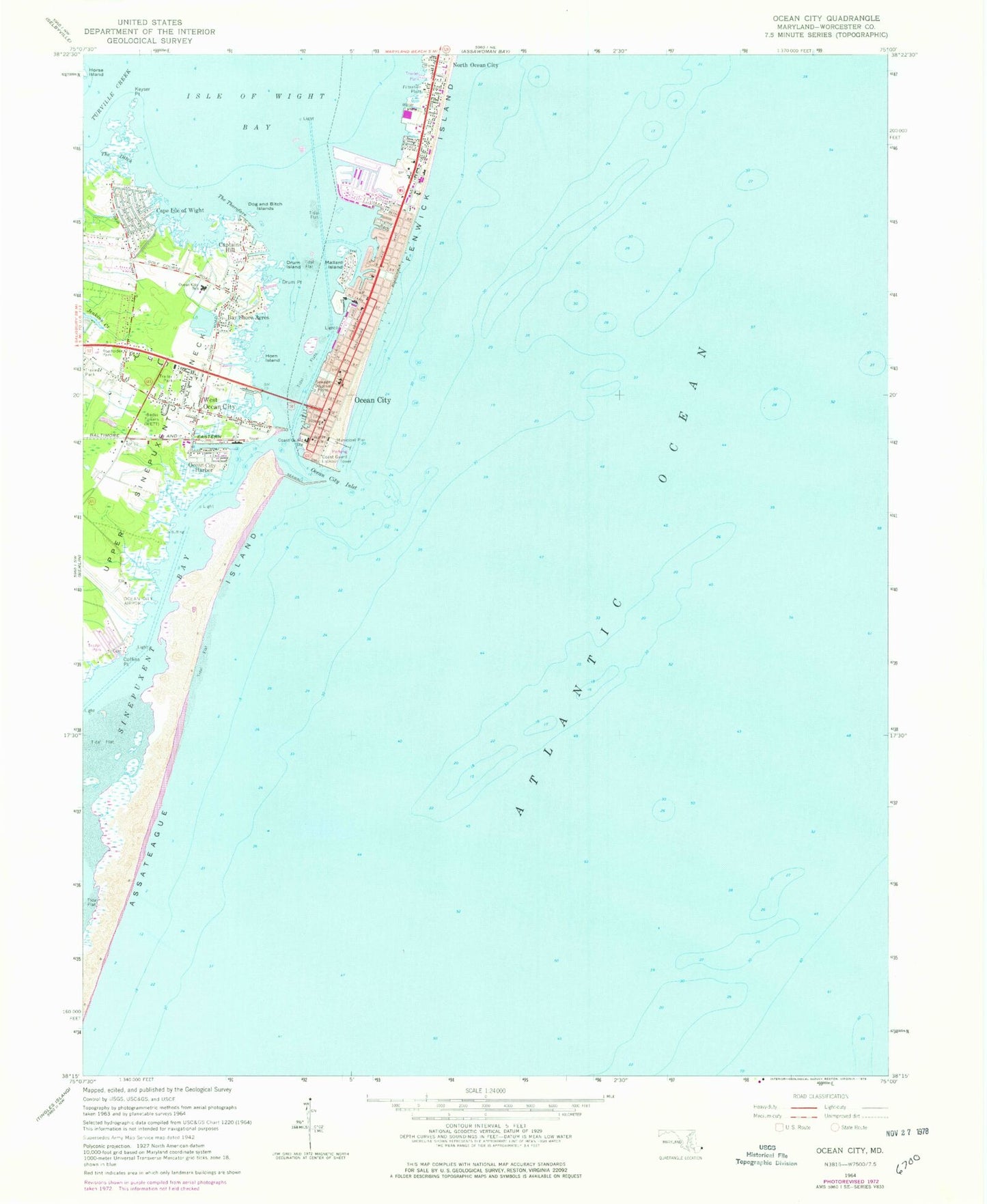 Classic USGS Ocean City Maryland 7.5'x7.5' Topo Map Image