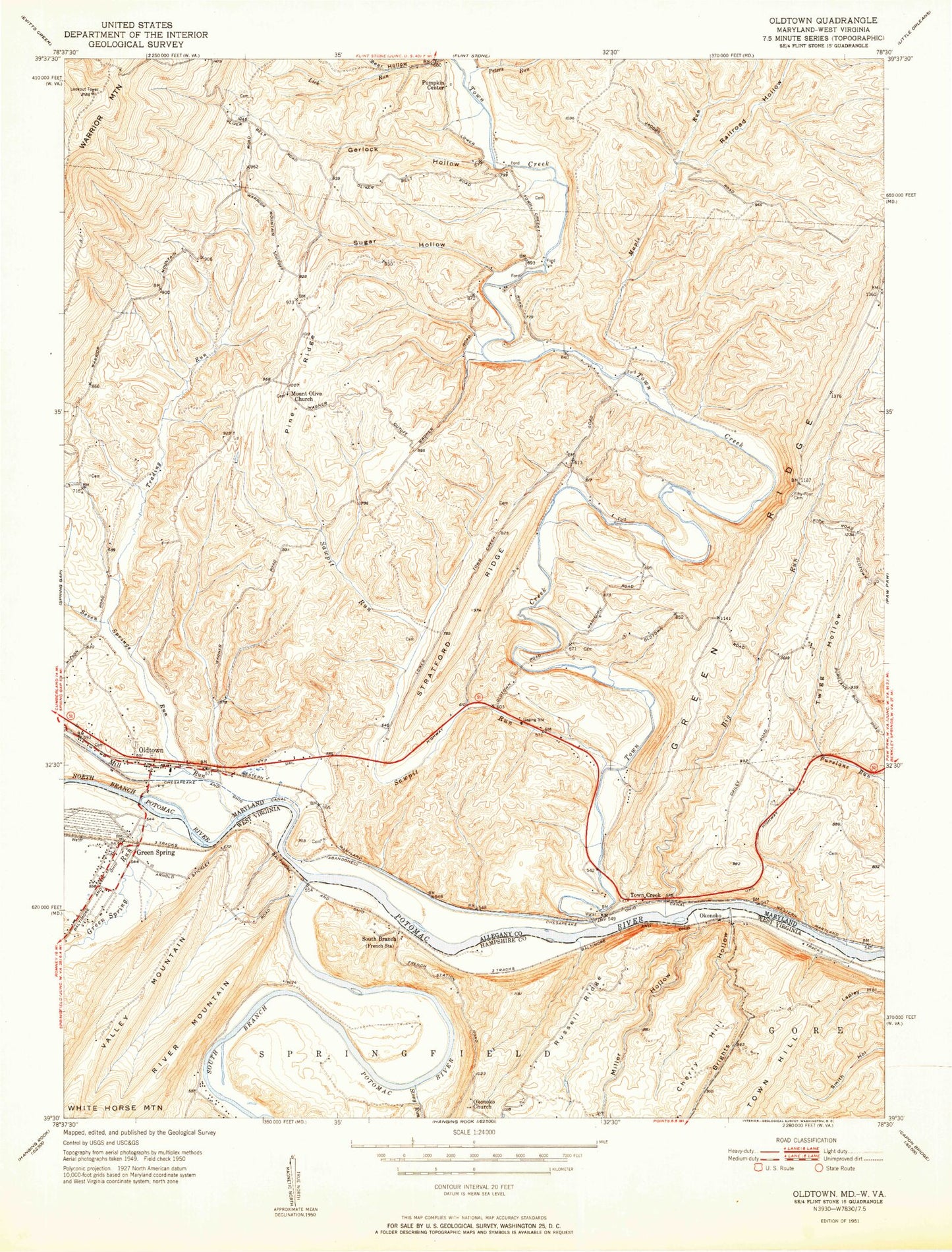 Classic USGS Oldtown Maryland 7.5'x7.5' Topo Map Image