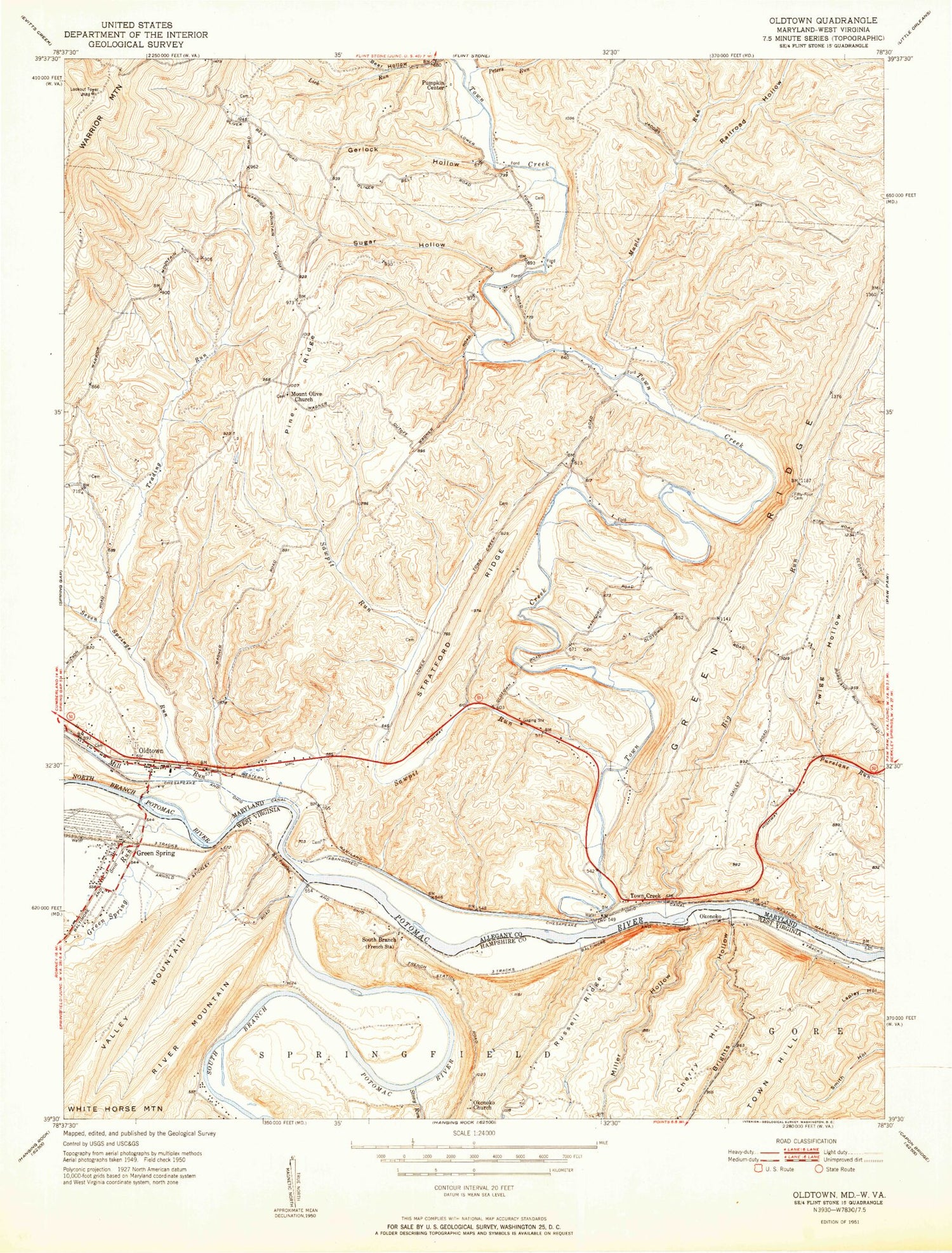 Classic USGS Oldtown Maryland 7.5'x7.5' Topo Map Image