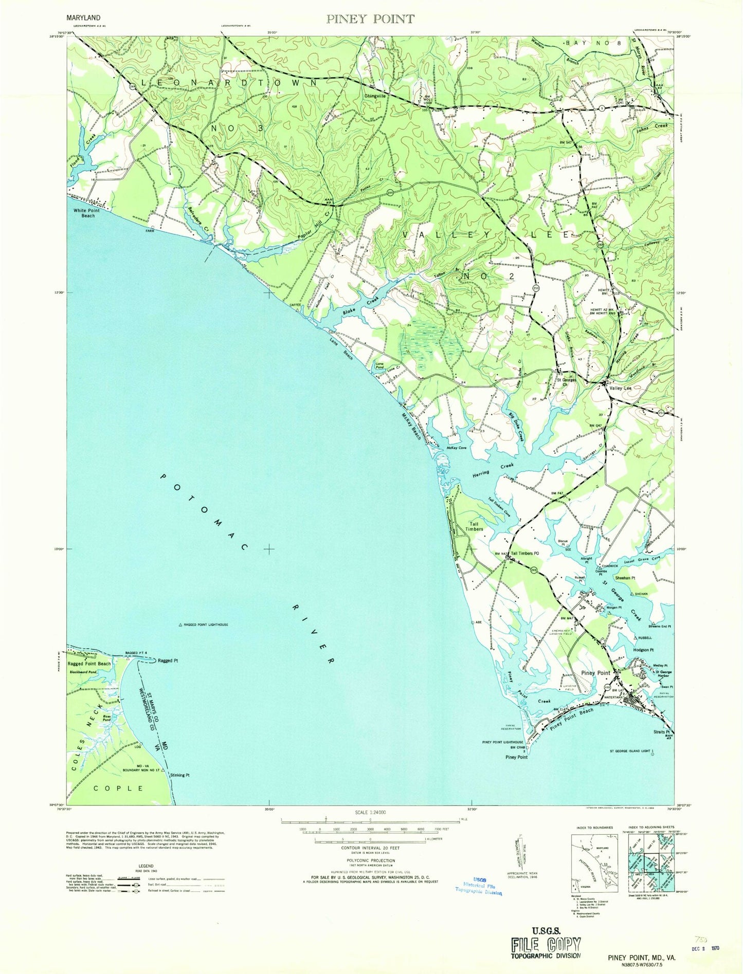 Classic USGS Piney Point Maryland 7.5'x7.5' Topo Map Image