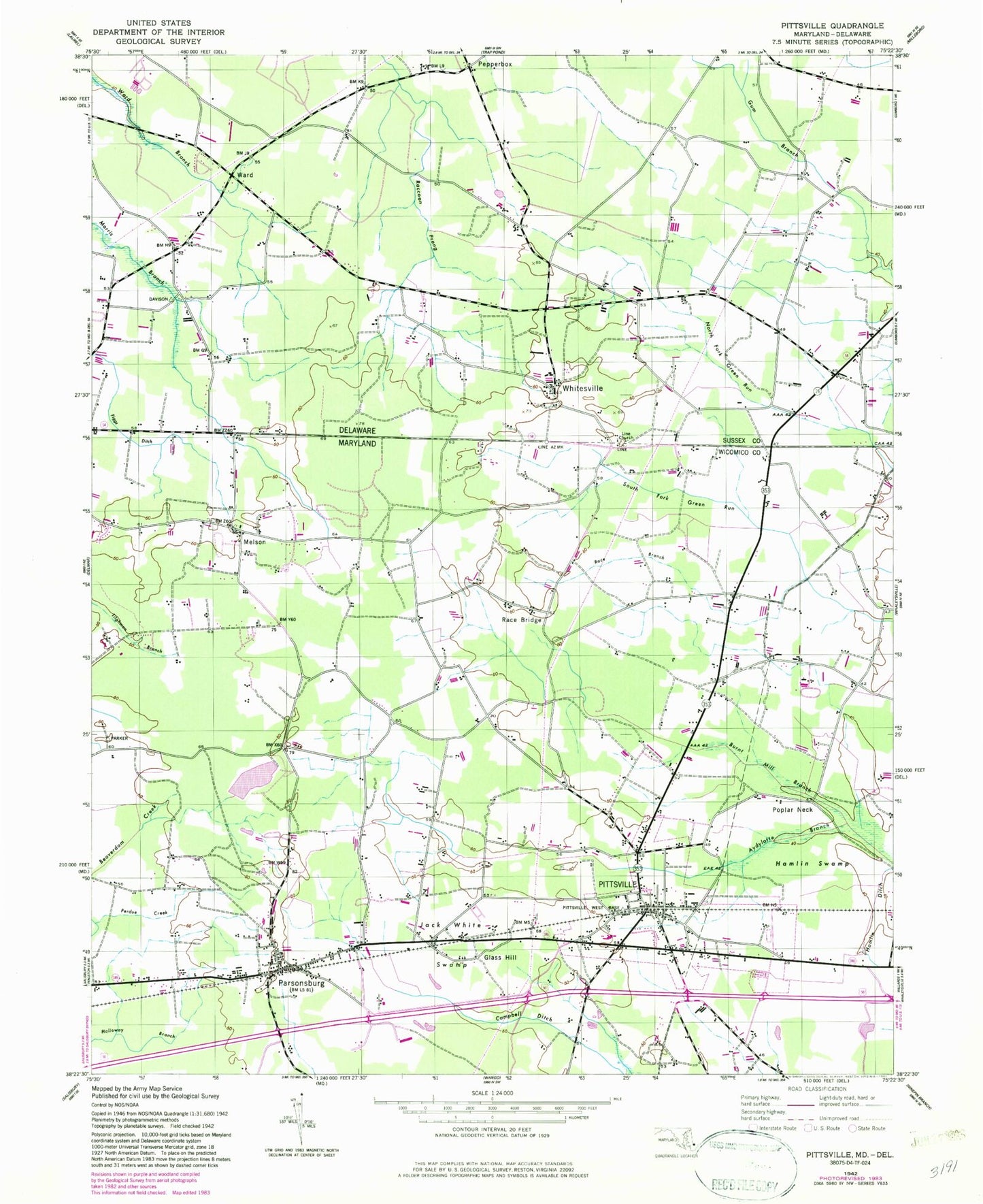 Classic USGS Pittsville Maryland 7.5'x7.5' Topo Map Image