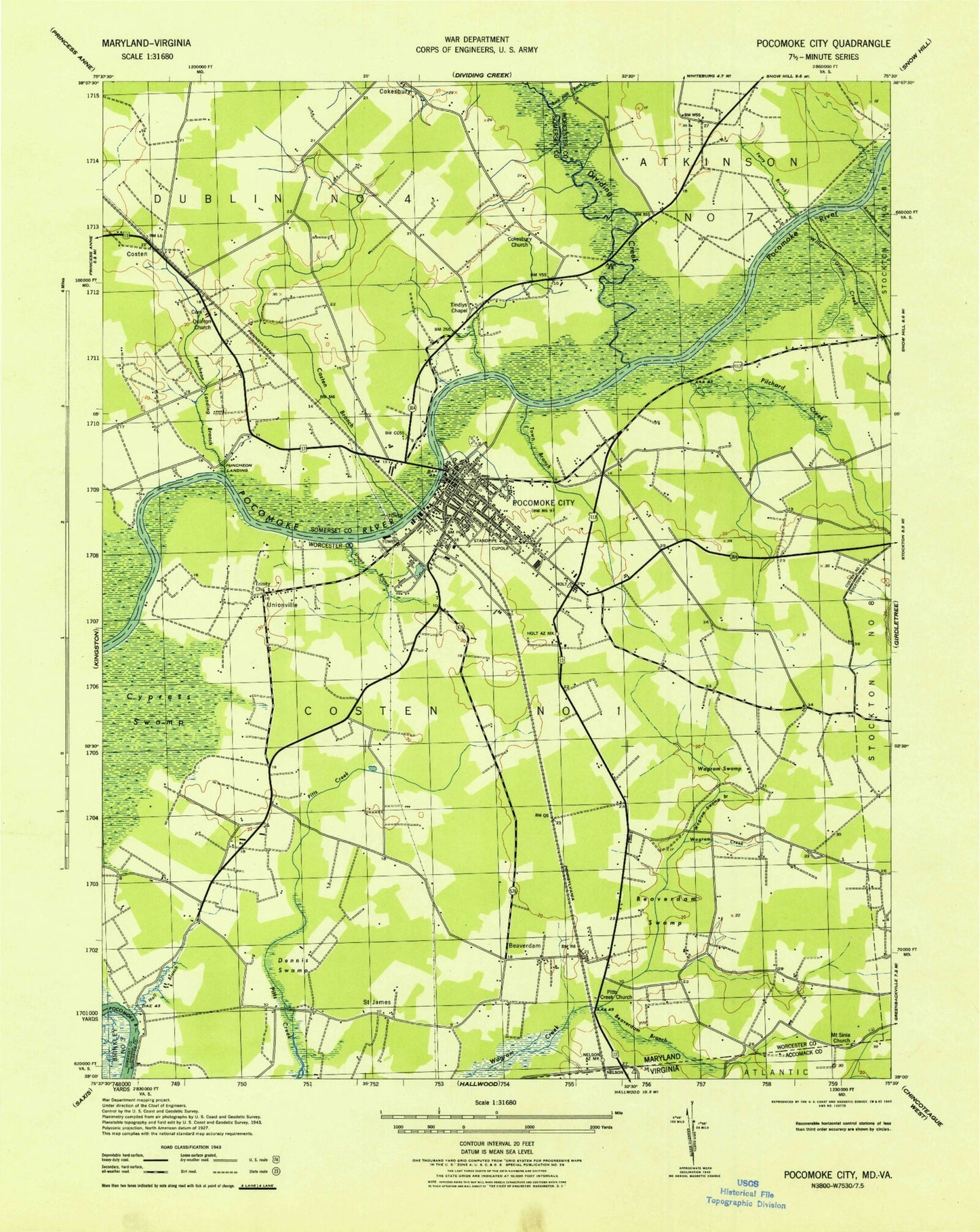 Classic USGS Pocomoke City Maryland 7.5'x7.5' Topo Map Image