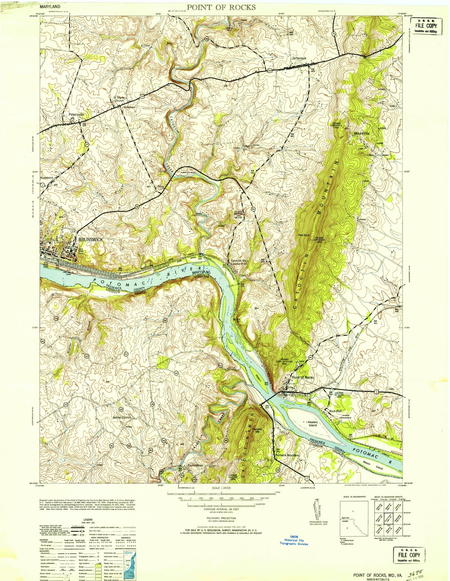 Classic USGS Point of Rocks Maryland 7.5'x7.5' Topo Map Image