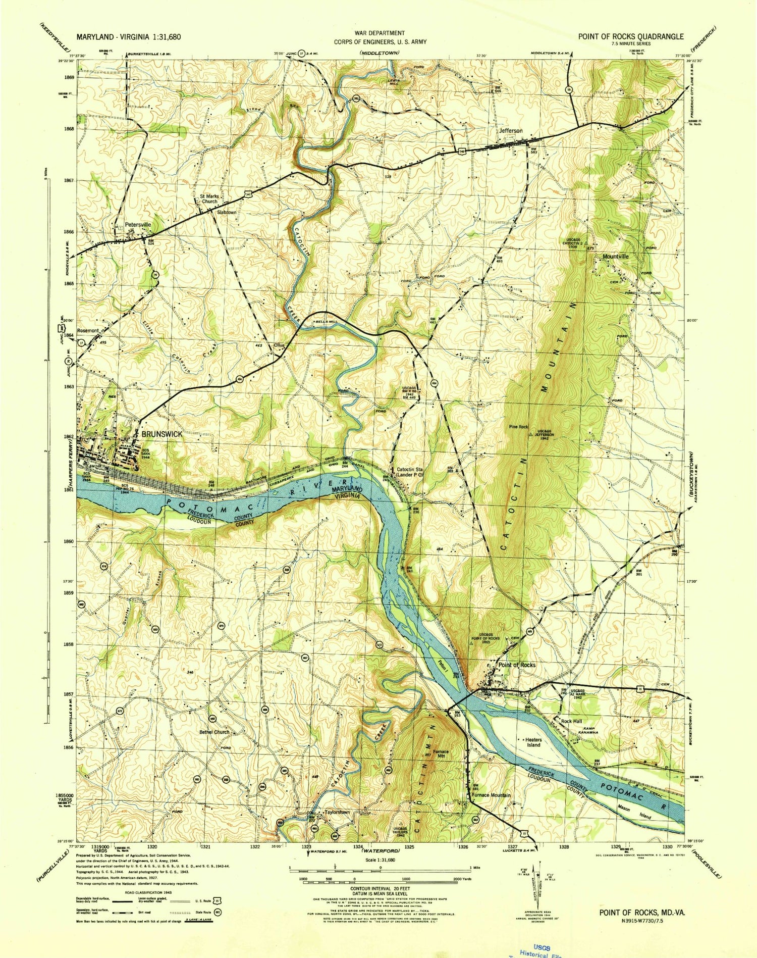 Classic USGS Point of Rocks Maryland 7.5'x7.5' Topo Map Image