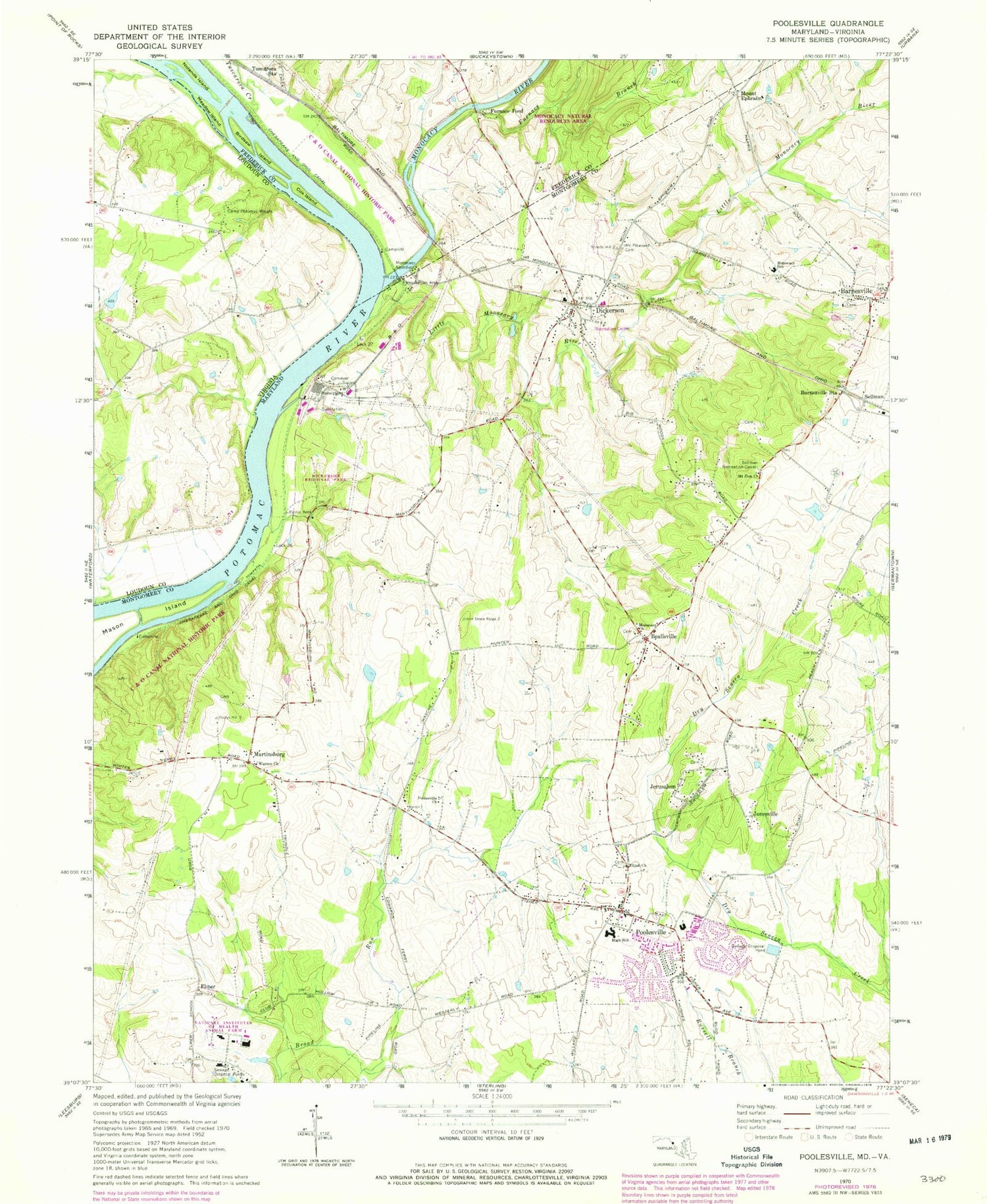 Classic USGS Poolesville Maryland 7.5'x7.5' Topo Map Image