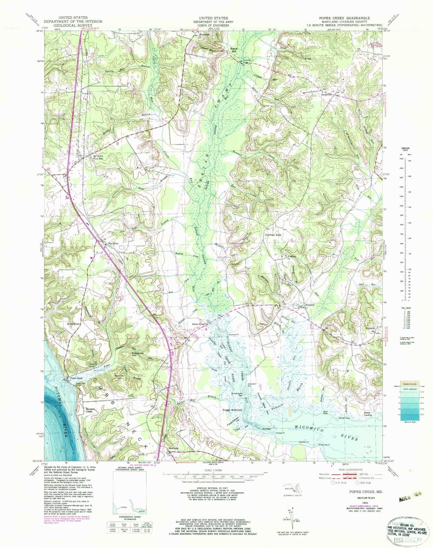 Classic USGS Popes Creek Maryland 7.5'x7.5' Topo Map Image