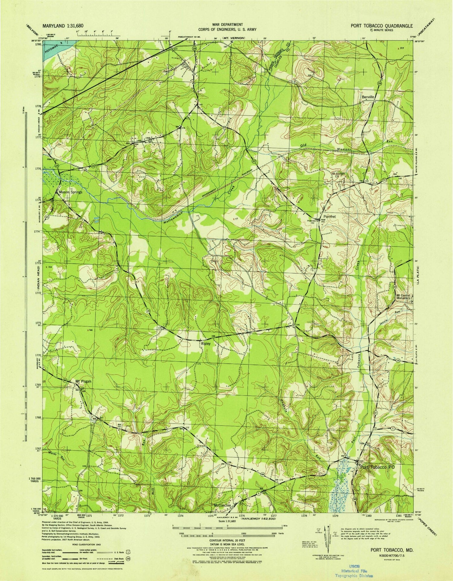 Classic USGS Port Tobacco Maryland 7.5'x7.5' Topo Map Image