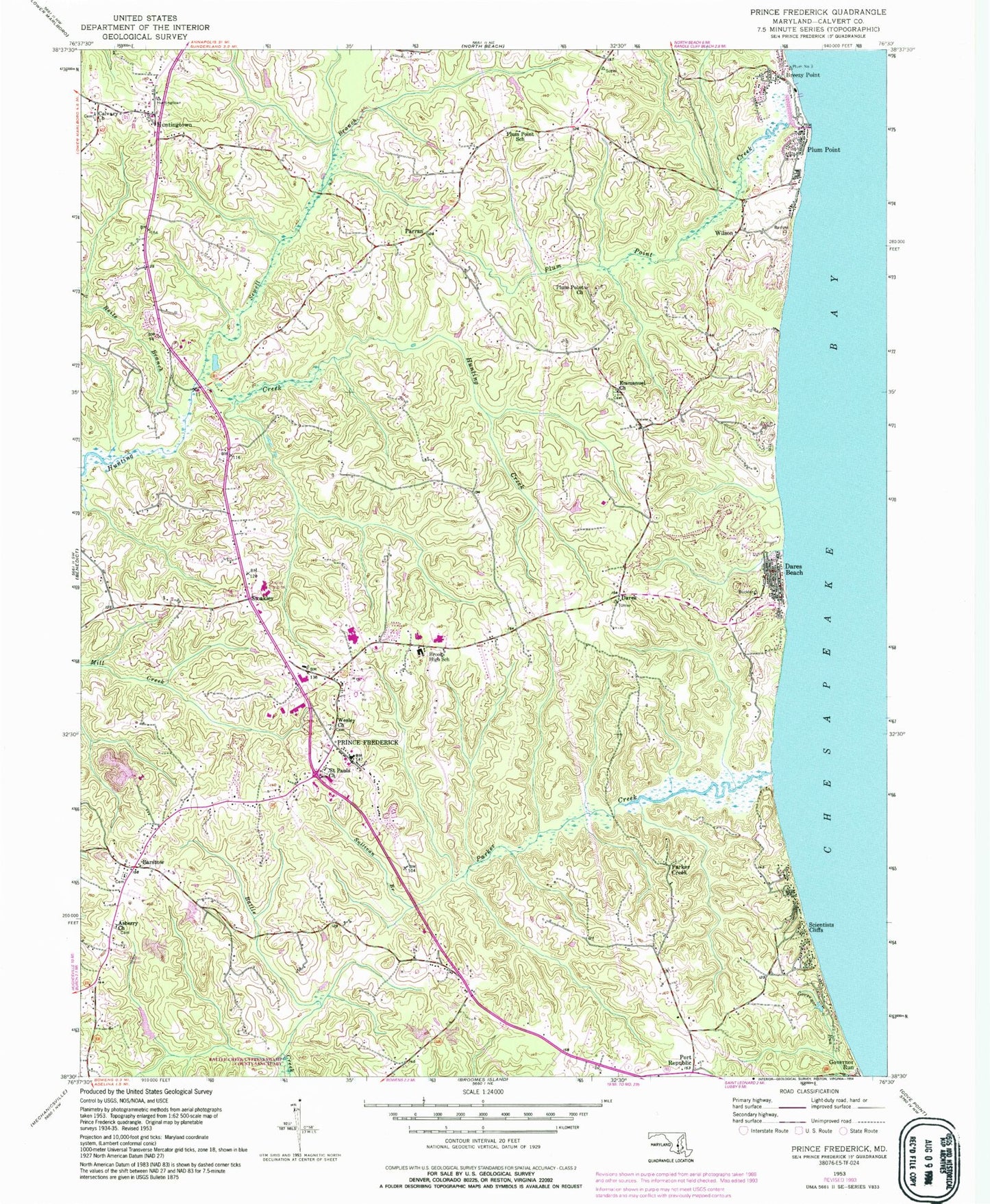 Classic USGS Prince Frederick Maryland 7.5'x7.5' Topo Map Image