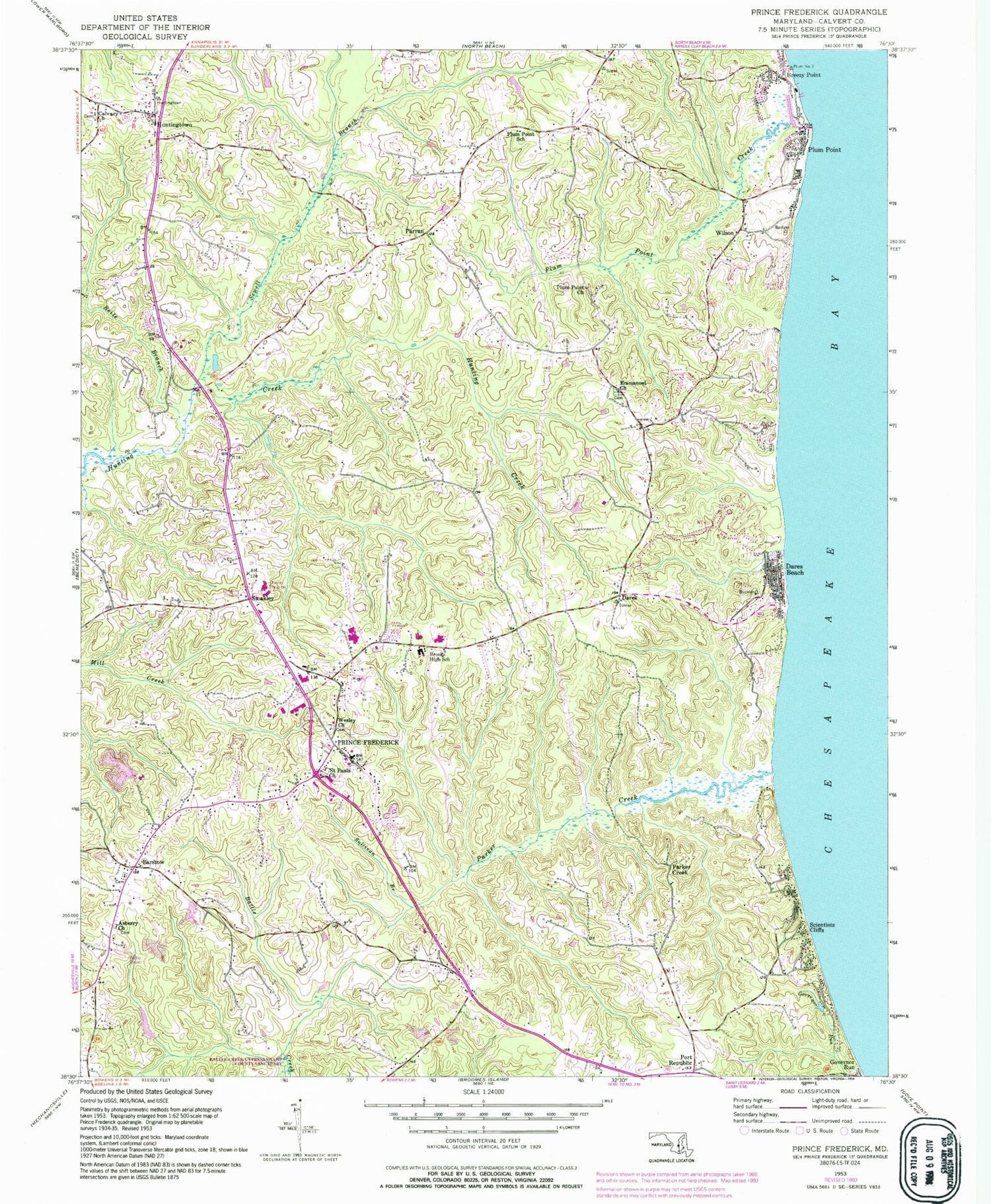 Classic USGS Prince Frederick Maryland 7.5'x7.5' Topo Map Image