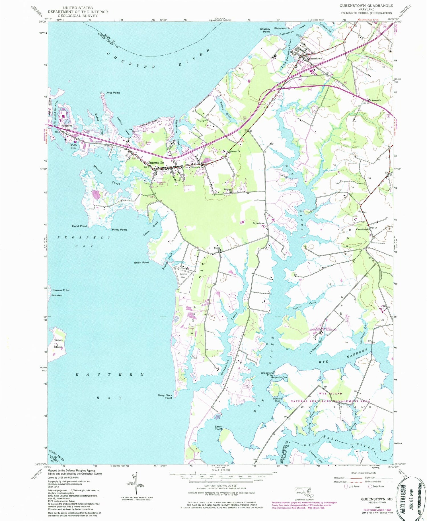 Classic USGS Queenstown Maryland 7.5'x7.5' Topo Map Image