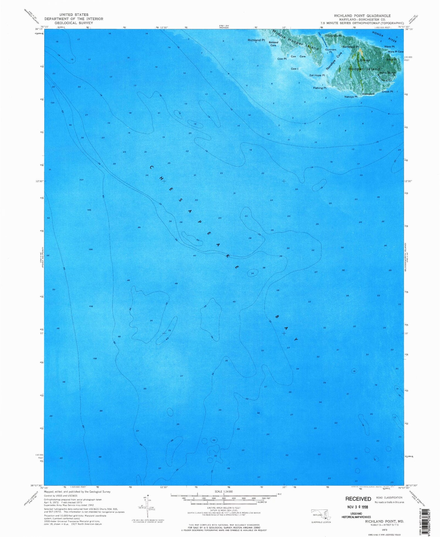 Classic USGS Richland Point Maryland 7.5'x7.5' Topo Map Image