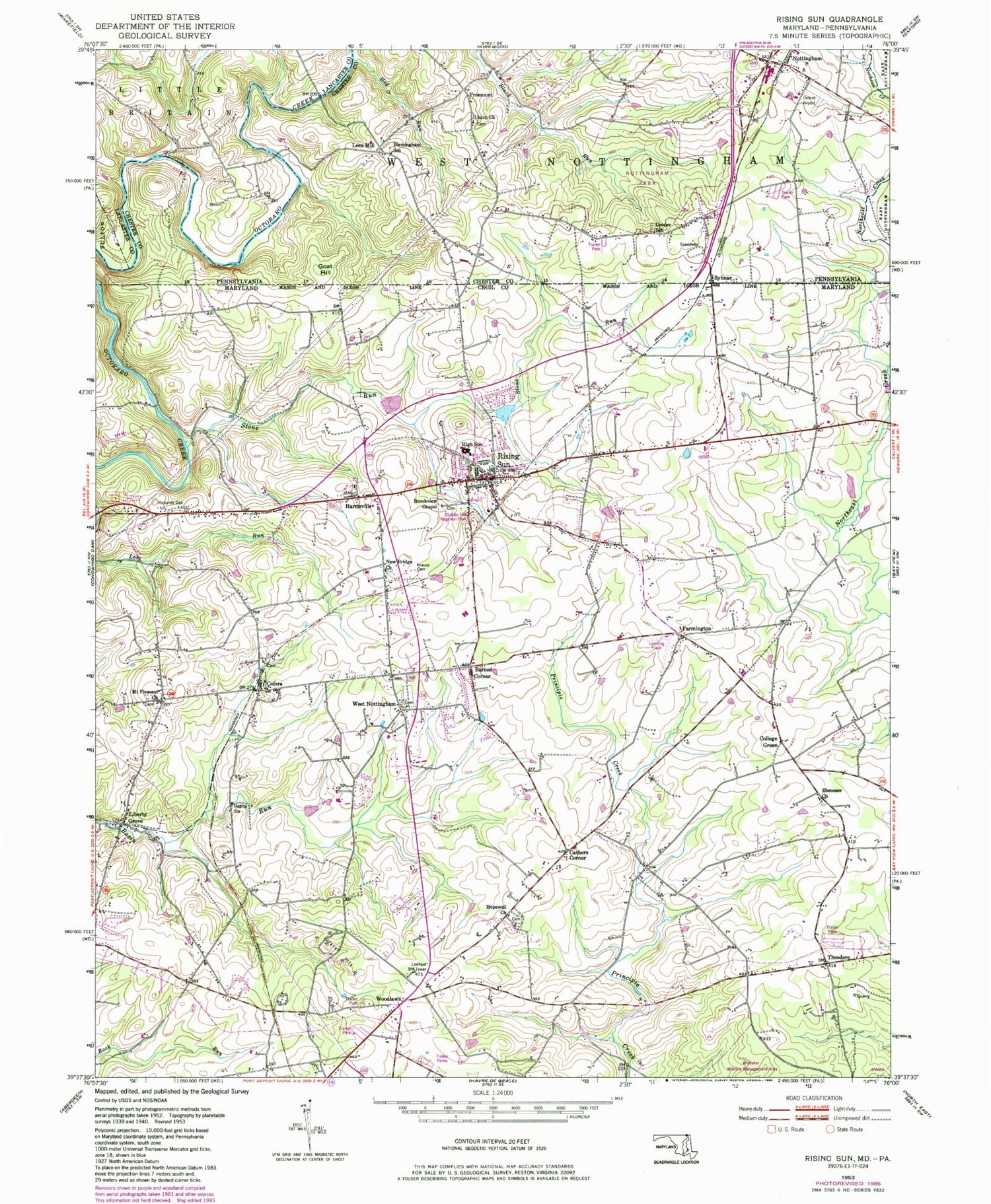 Classic USGS Rising Sun Maryland 7.5'x7.5' Topo Map Image