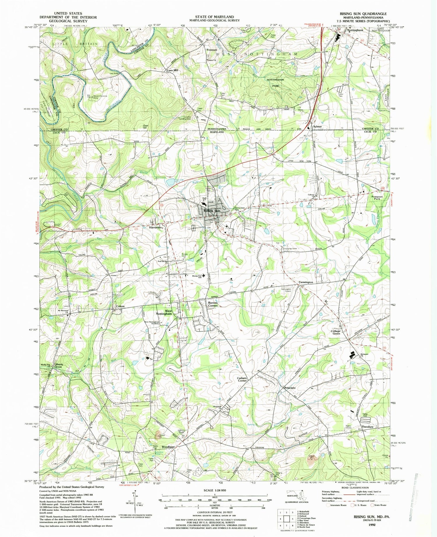 Classic USGS Rising Sun Maryland 7.5'x7.5' Topo Map Image