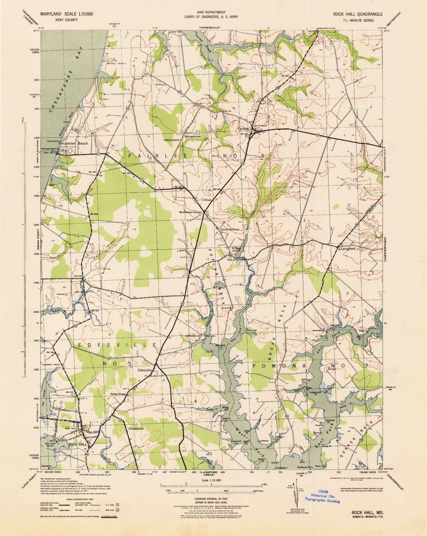 Classic USGS Rock Hall Maryland 7.5'x7.5' Topo Map Image
