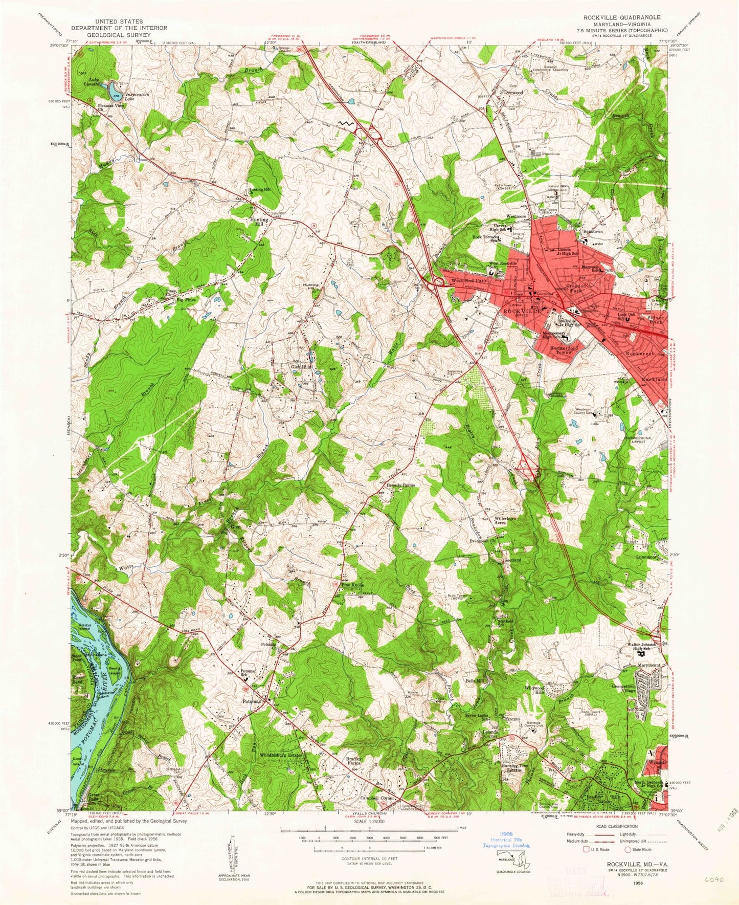 Classic USGS Rockville Maryland 7.5'x7.5' Topo Map Image