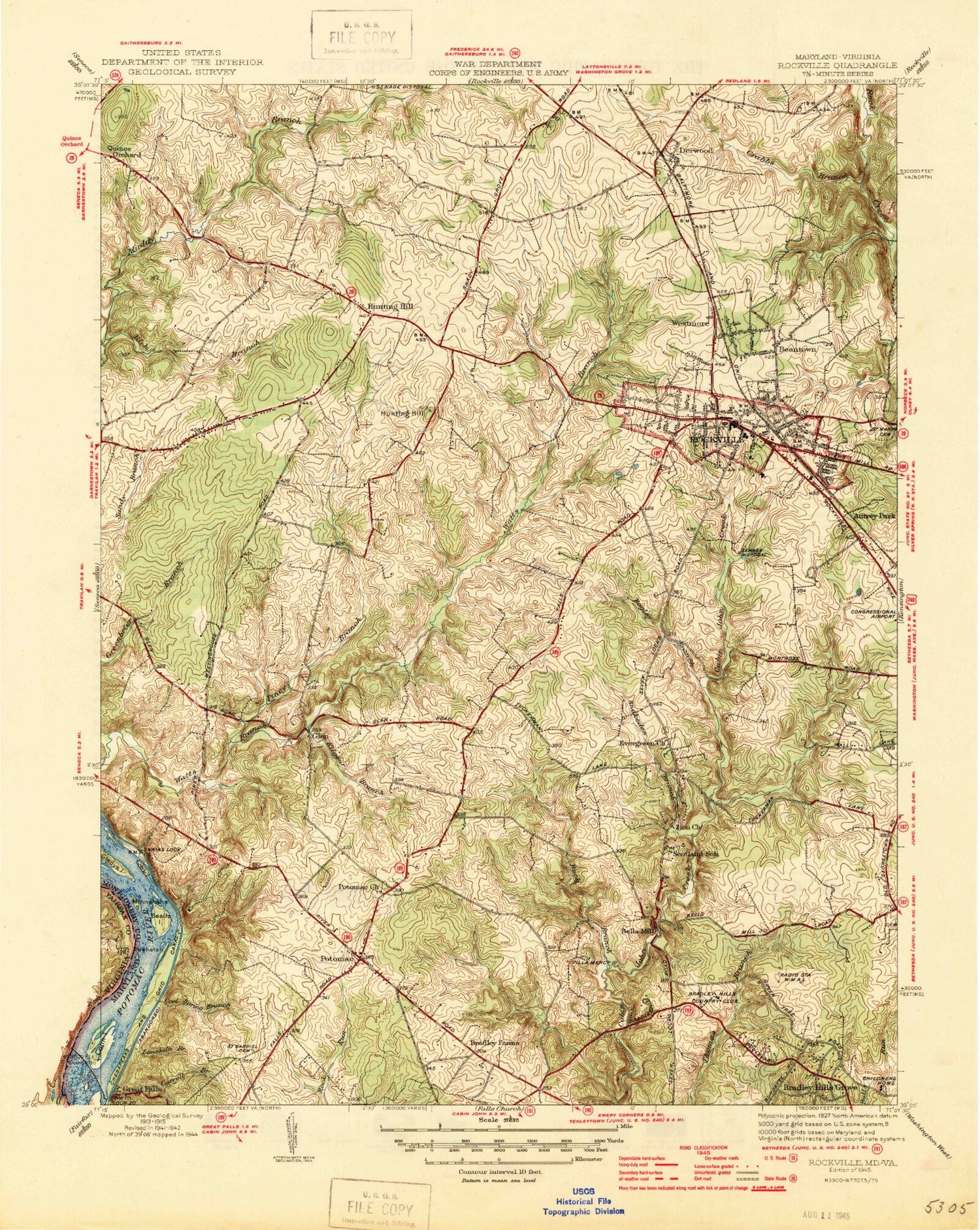 Classic USGS Rockville Maryland 7.5'x7.5' Topo Map Image