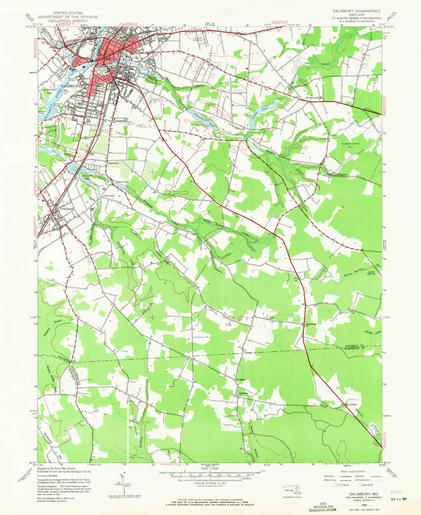 Classic USGS Salisbury Maryland 7.5'x7.5' Topo Map Image