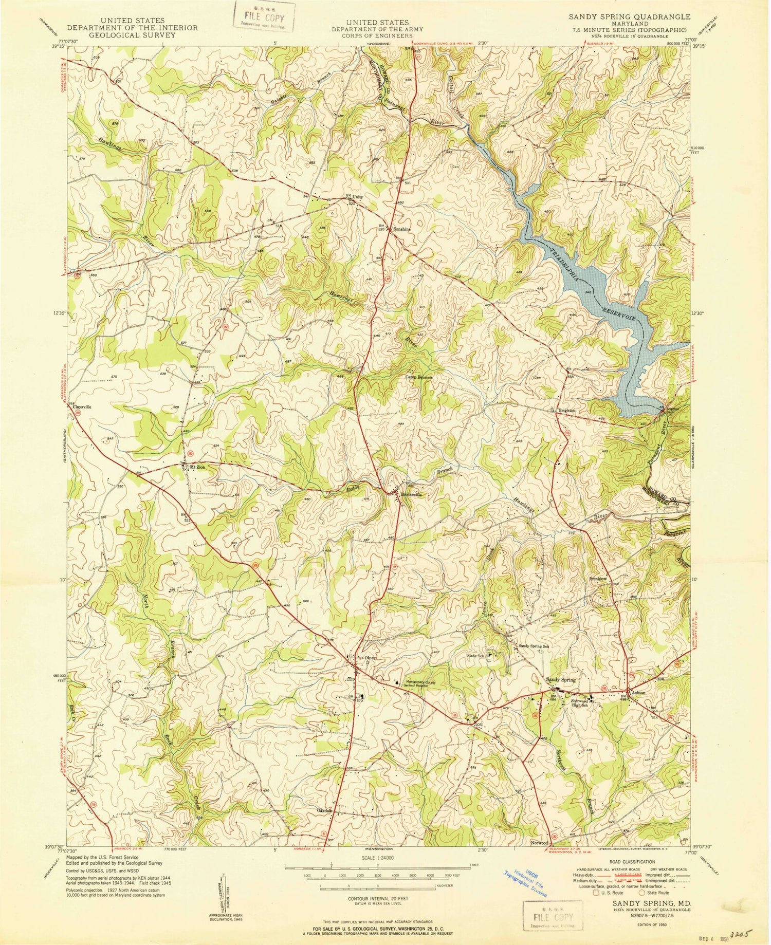 Classic USGS Sandy Spring Maryland 7.5'x7.5' Topo Map Image