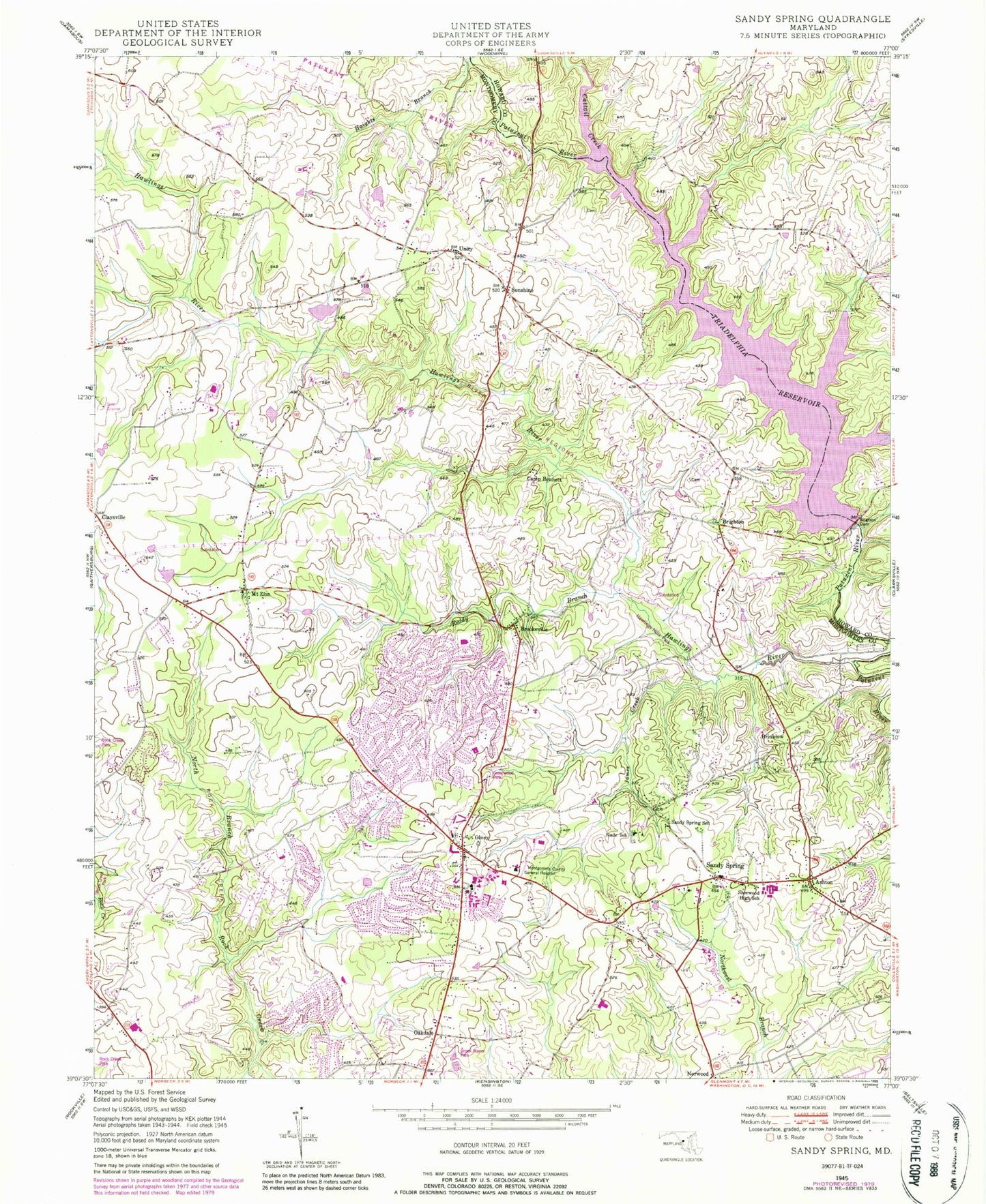 Classic USGS Sandy Spring Maryland 7.5'x7.5' Topo Map Image