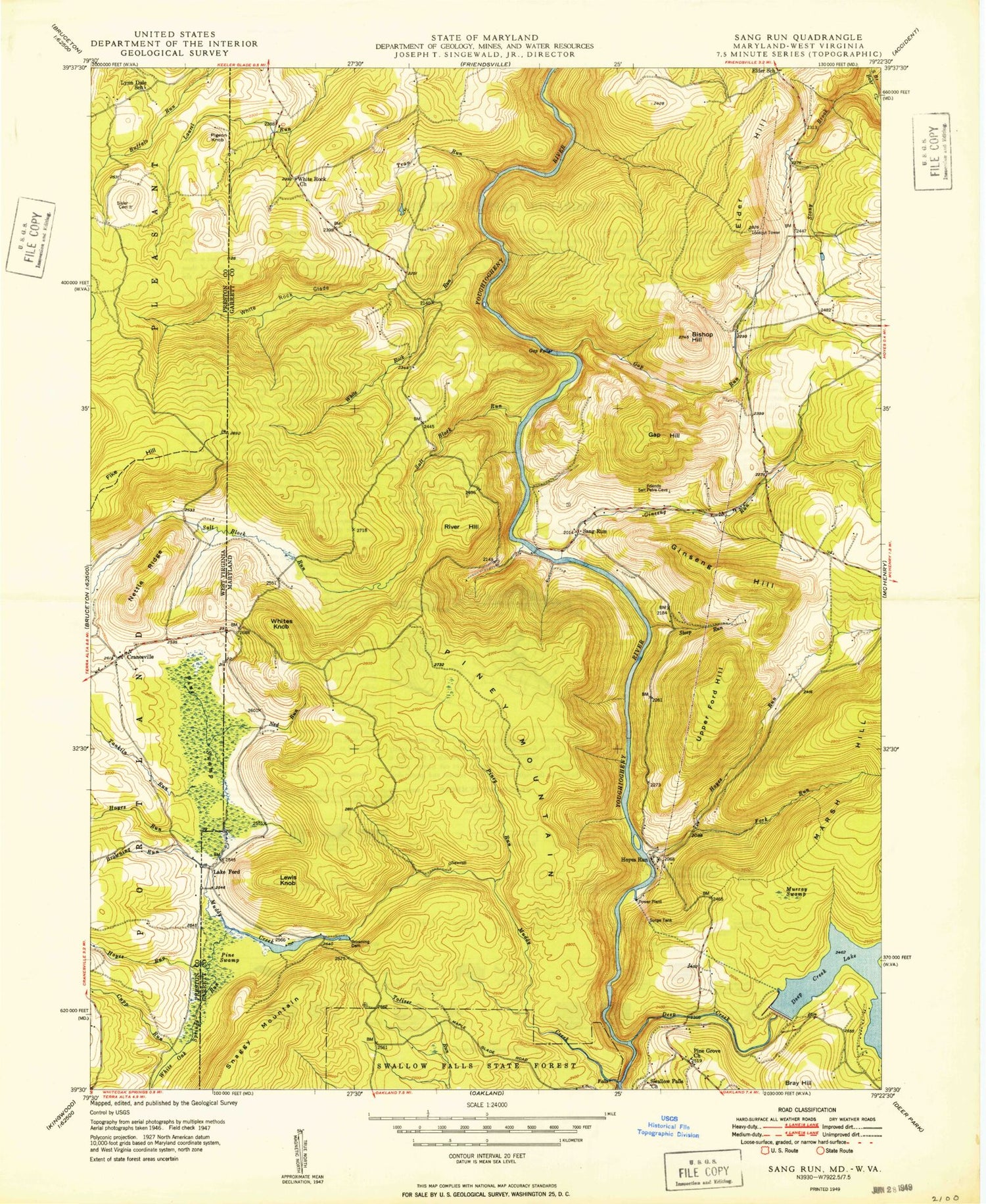 Classic USGS Sang Run Maryland 7.5'x7.5' Topo Map Image