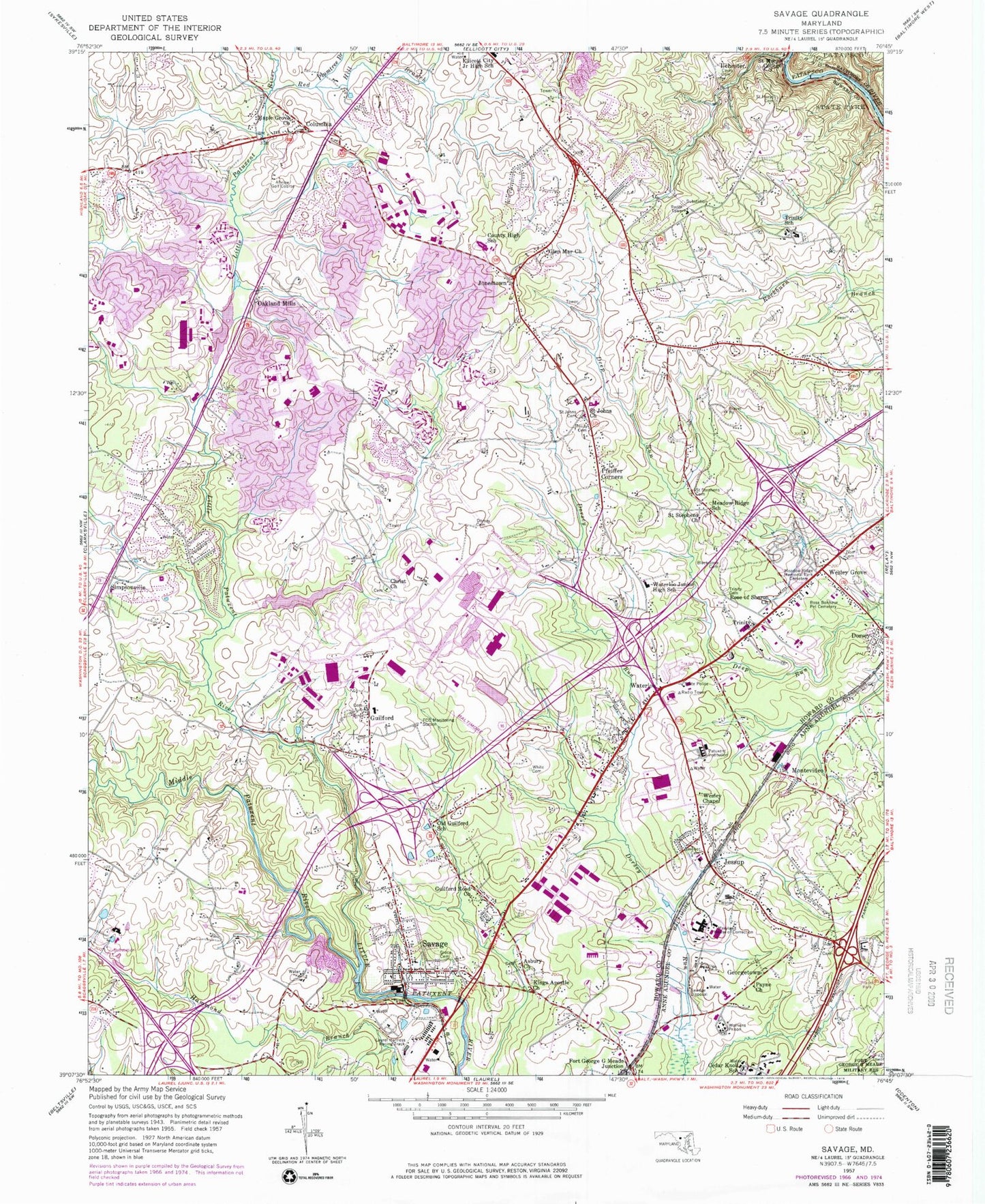 Classic USGS Savage Maryland 7.5'x7.5' Topo Map Image
