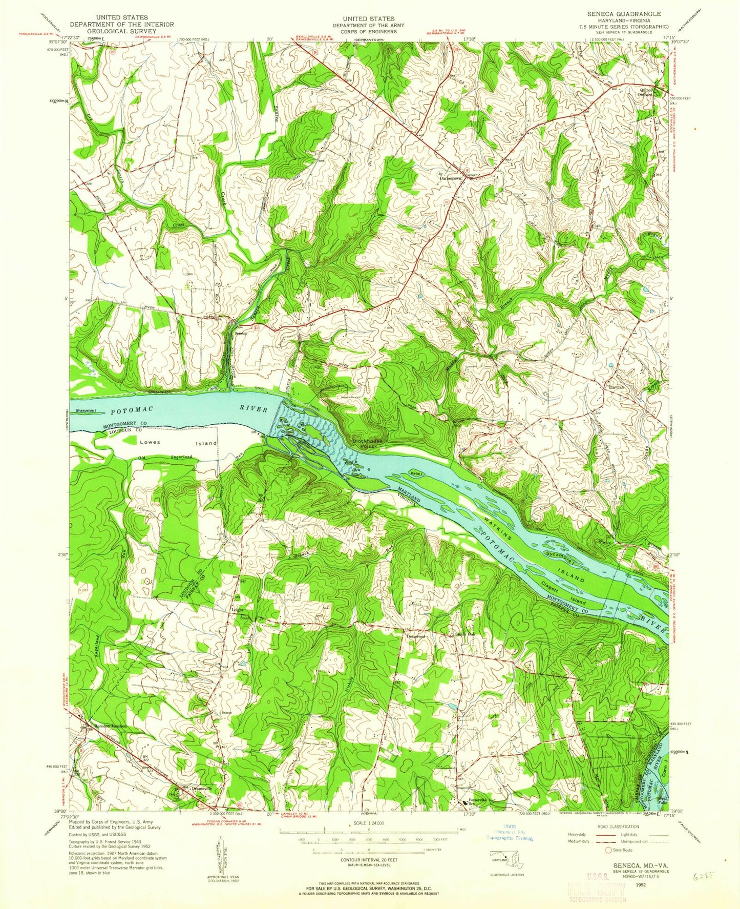 Classic USGS Seneca Maryland 7.5'x7.5' Topo Map Image