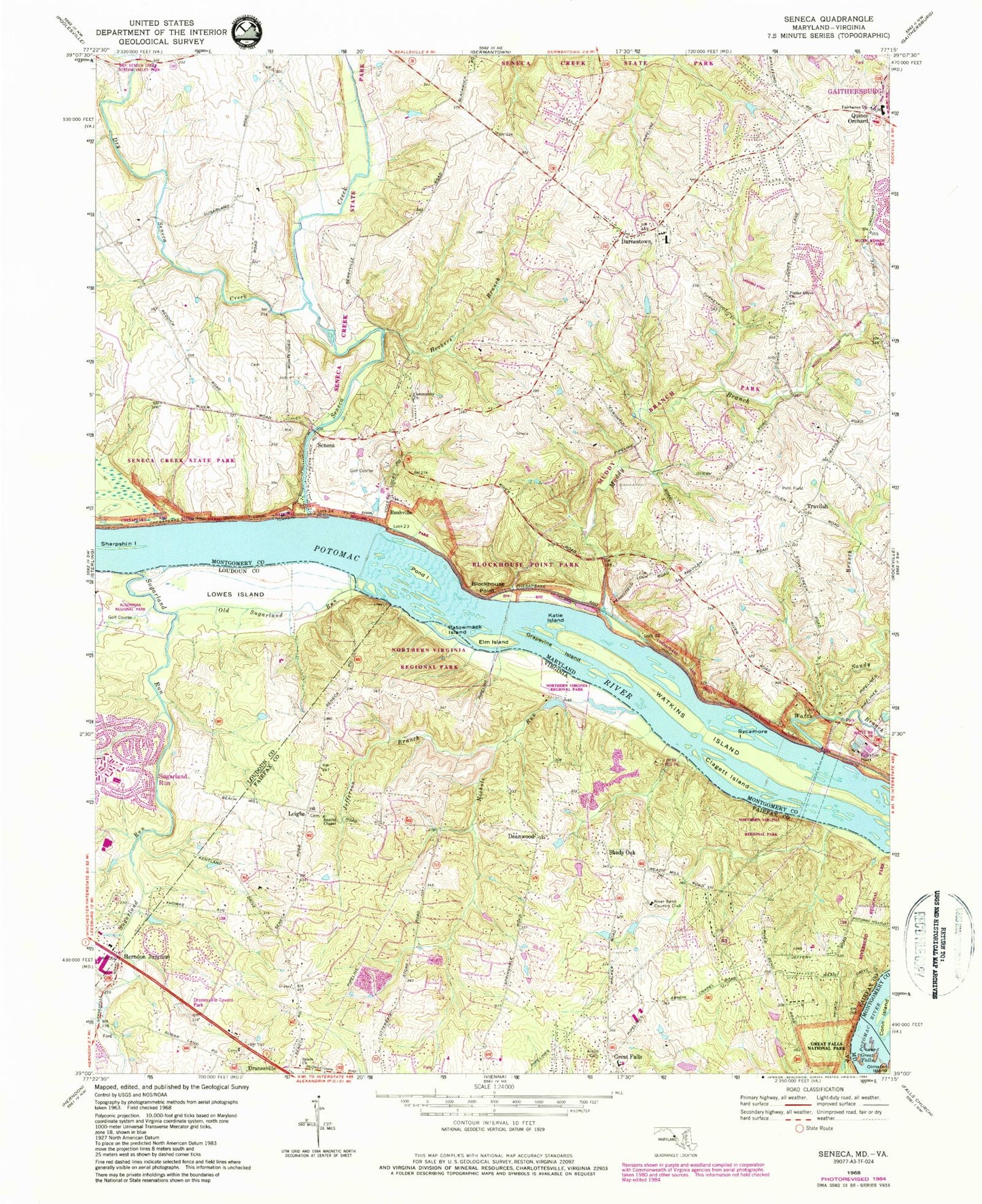 Classic USGS Seneca Maryland 7.5'x7.5' Topo Map Image