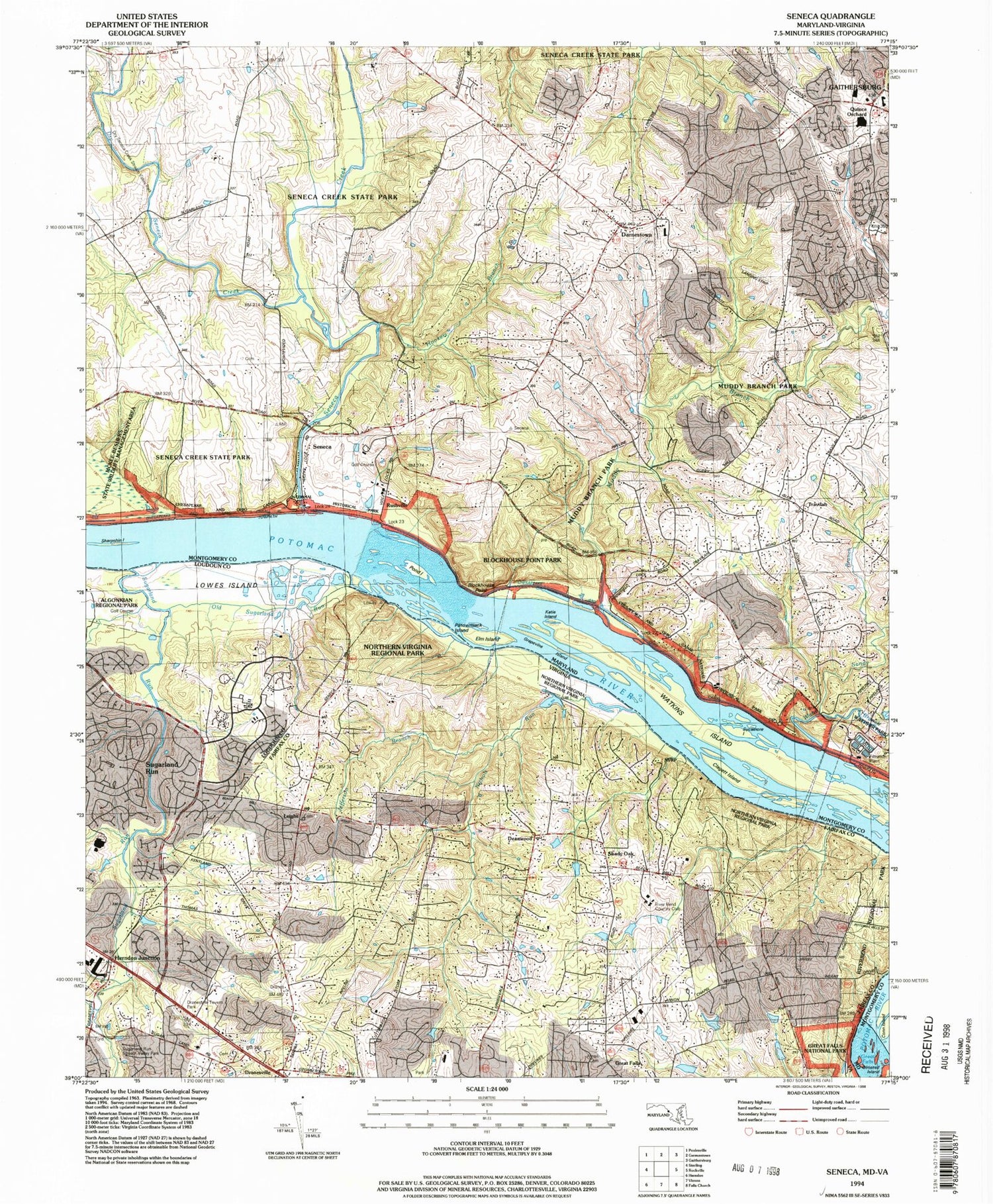 Classic USGS Seneca Maryland 7.5'x7.5' Topo Map Image