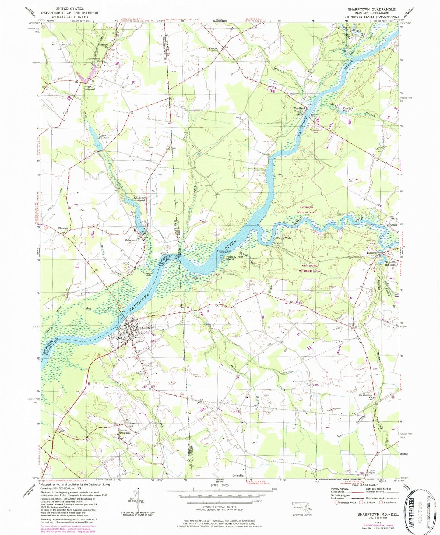 Classic USGS Sharptown Maryland 7.5'x7.5' Topo Map Image