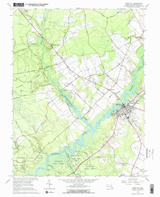 Classic USGS Snow Hill Maryland 7.5'x7.5' Topo Map Image