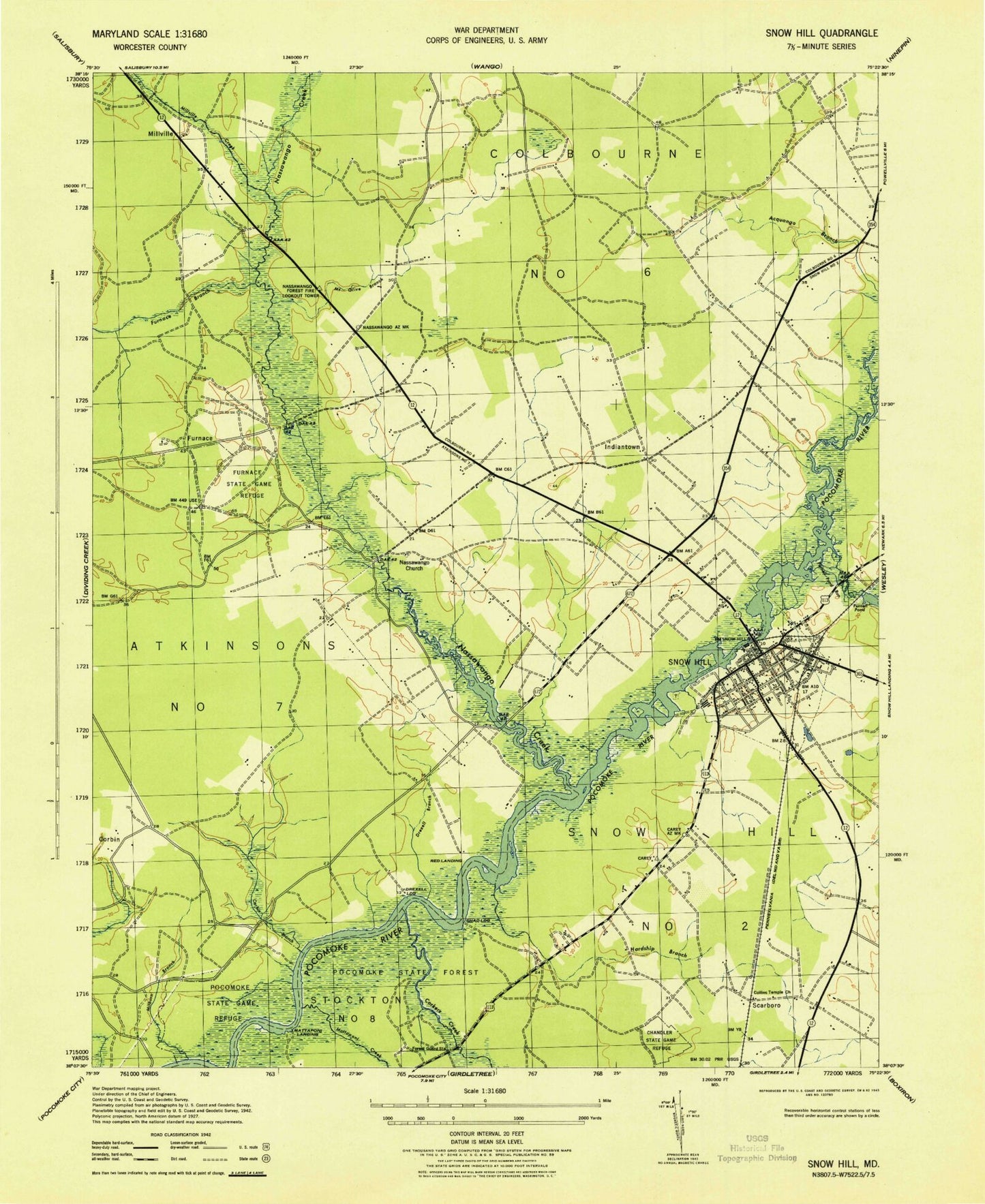 Classic USGS Snow Hill Maryland 7.5'x7.5' Topo Map Image