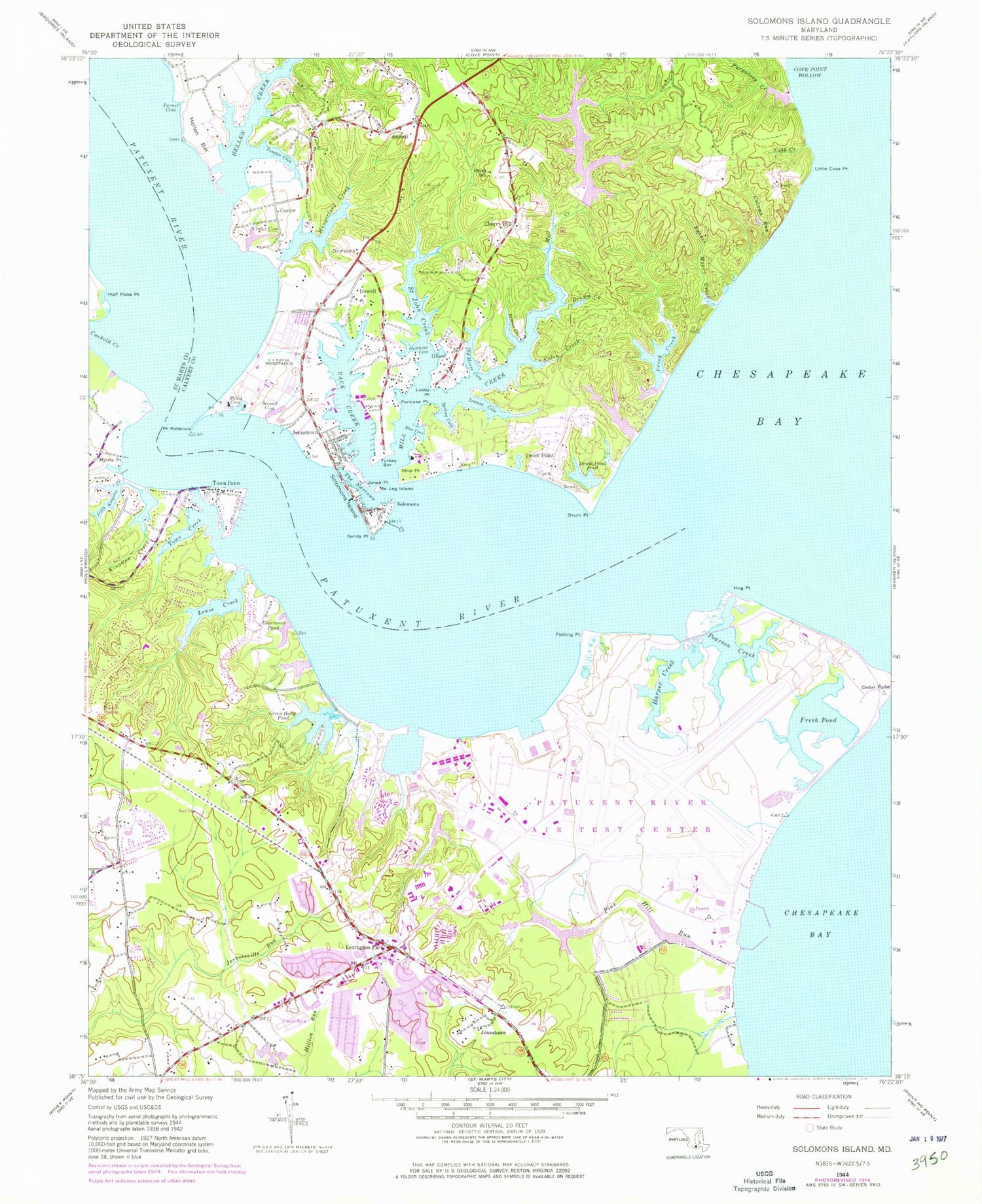 Classic USGS Solomons Island Maryland 7.5'x7.5' Topo Map Image