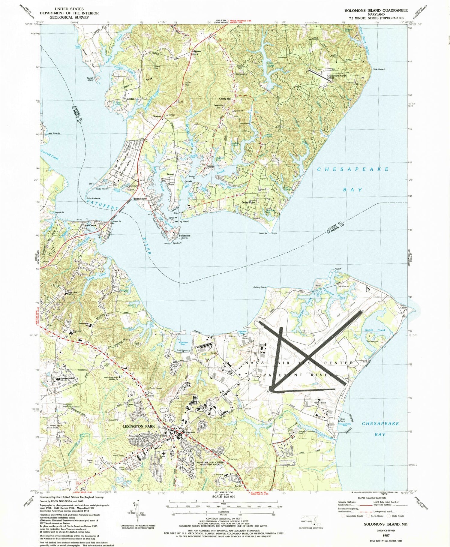 Classic USGS Solomons Island Maryland 7.5'x7.5' Topo Map Image