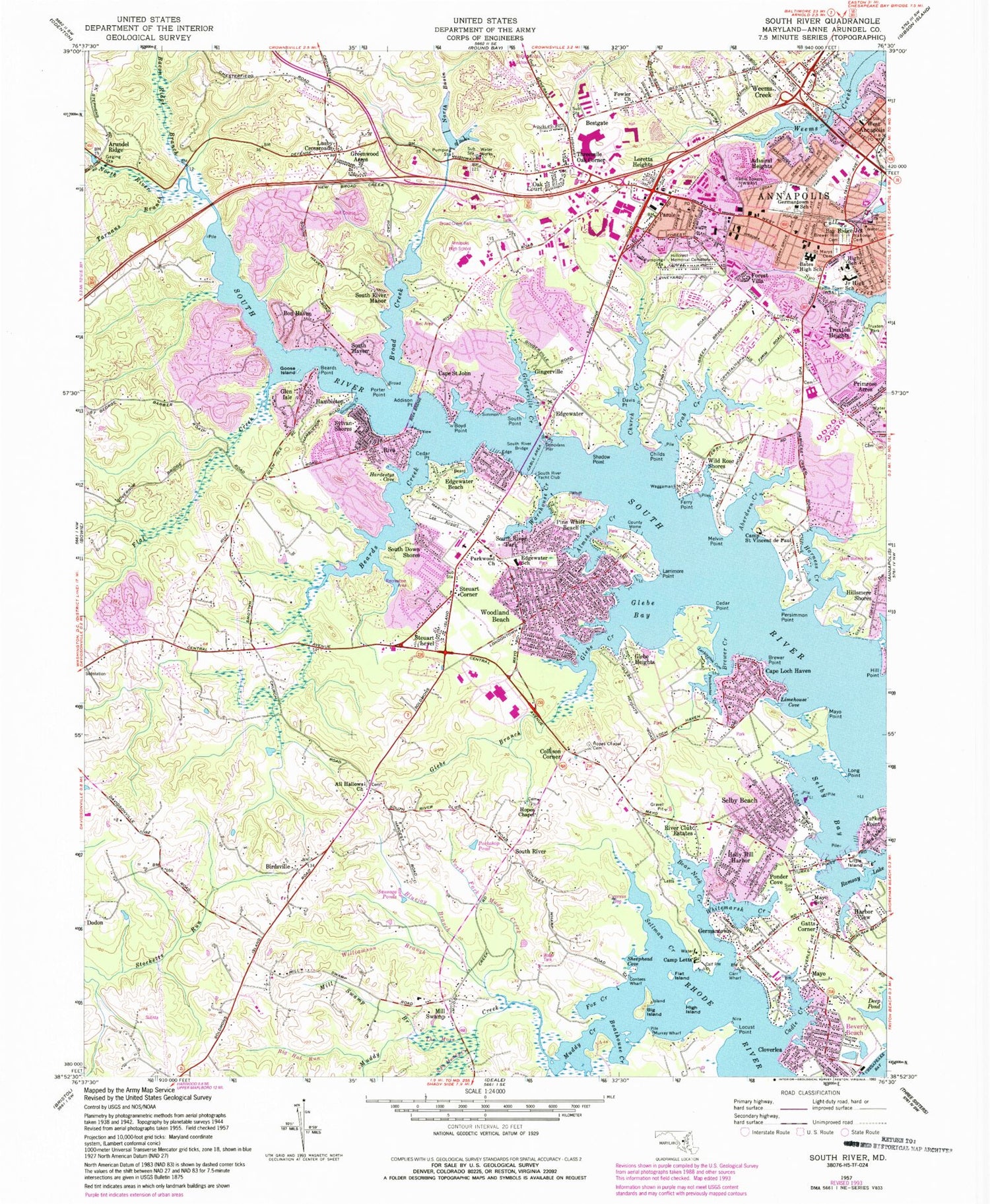 Classic USGS South River Maryland 7.5'x7.5' Topo Map Image