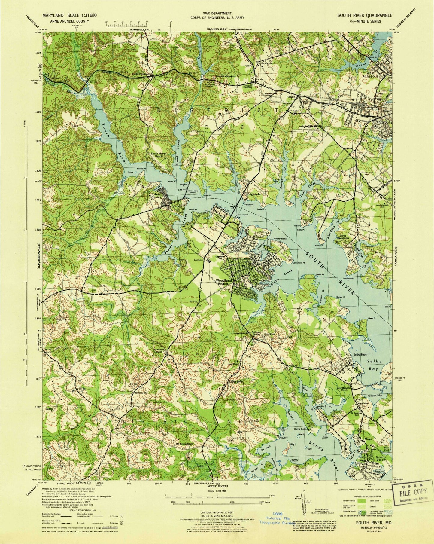 Classic USGS South River Maryland 7.5'x7.5' Topo Map Image