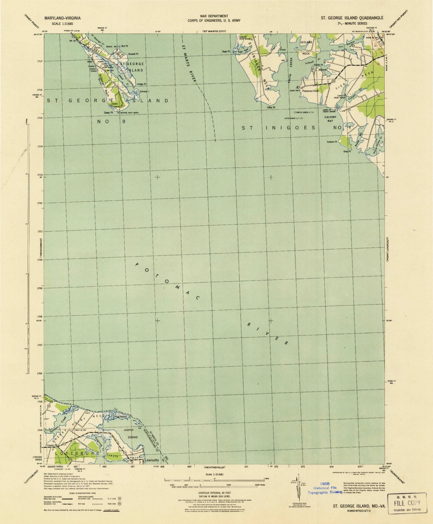Classic USGS Saint George Island Maryland 7.5'x7.5' Topo Map Image