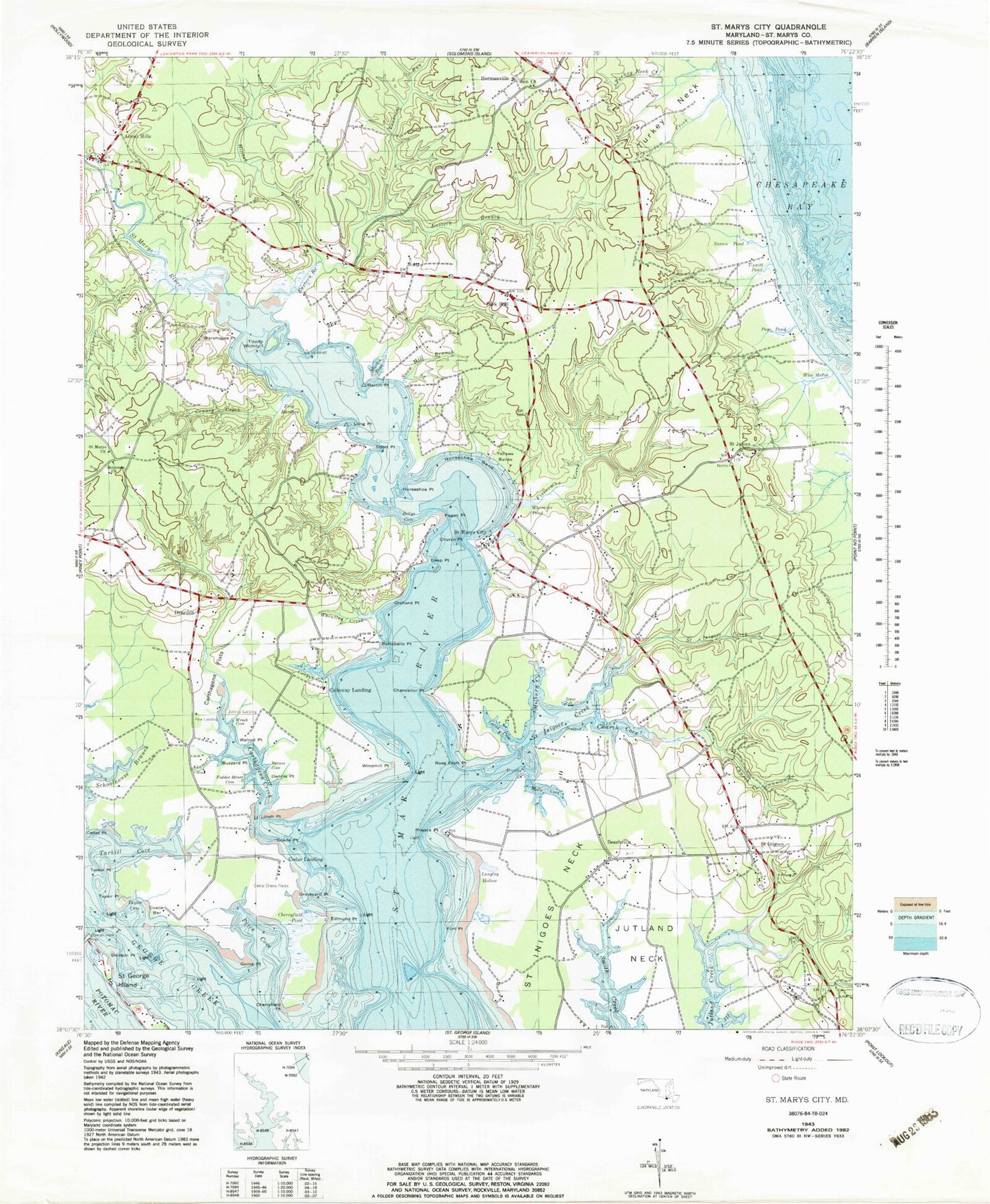 Classic USGS Saint Marys City Maryland 7.5'x7.5' Topo Map Image