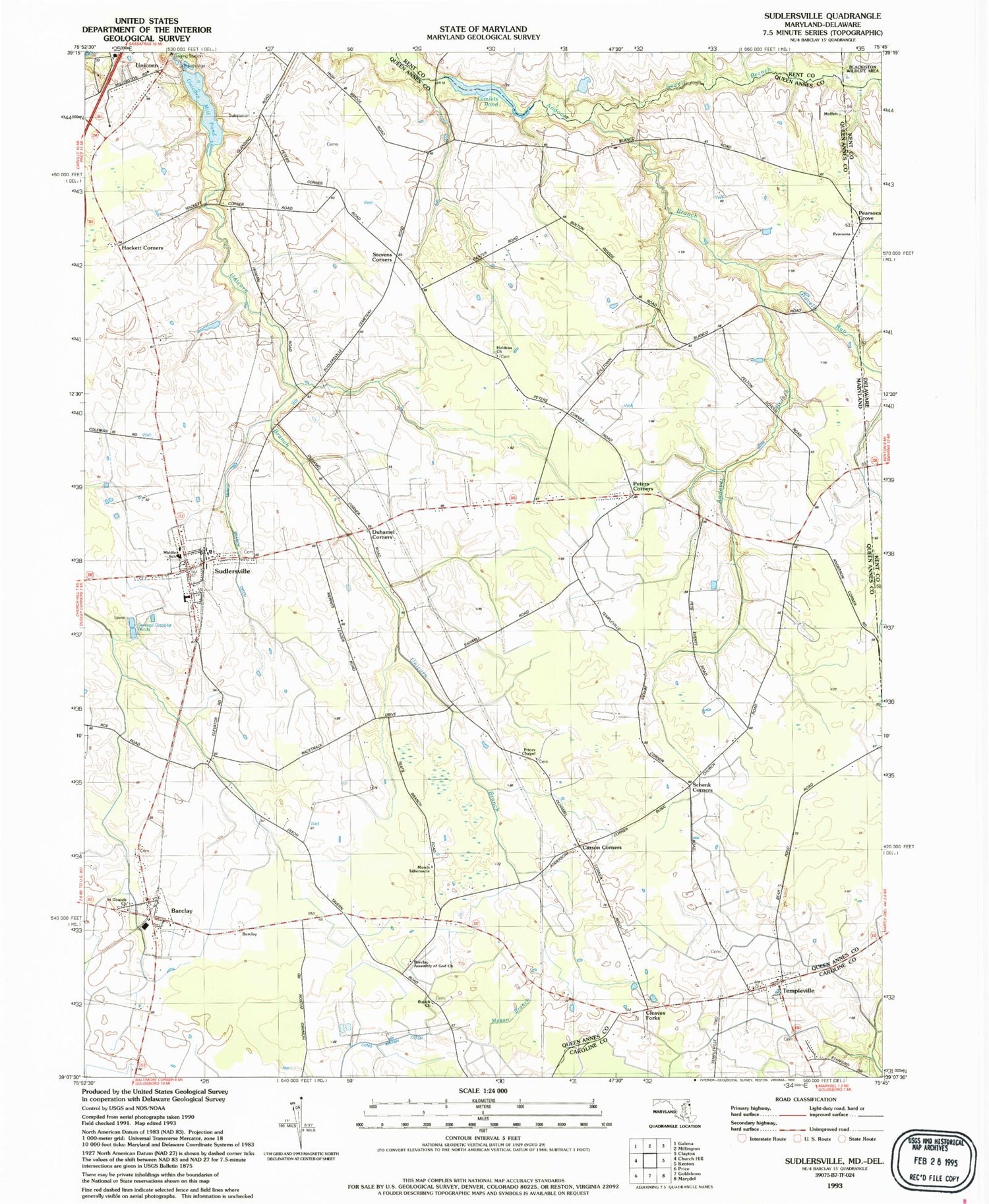 Classic USGS Sudlersville Maryland 7.5'x7.5' Topo Map Image