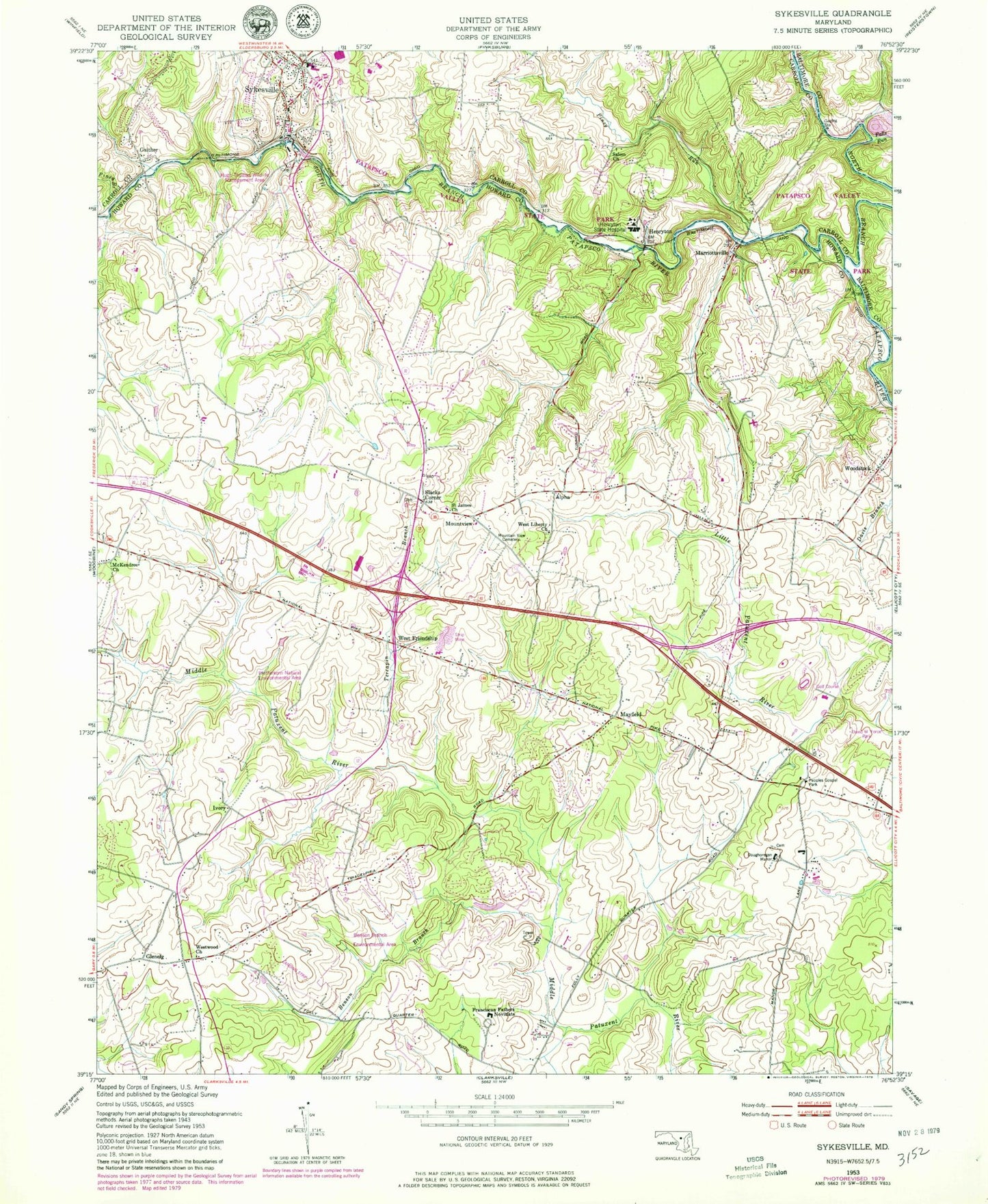 Classic USGS Sykesville Maryland 7.5'x7.5' Topo Map Image